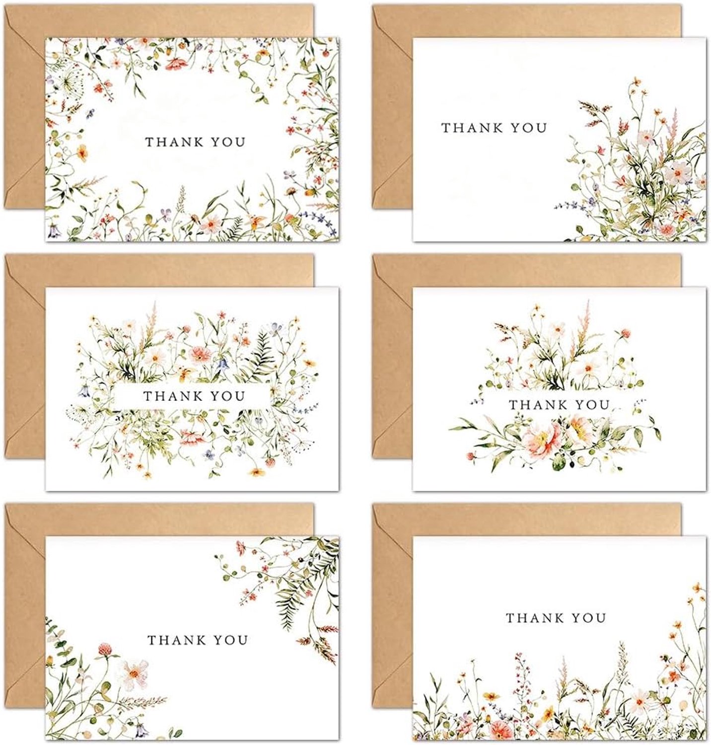 Bedankkaarten, 12 stuks, 7,5 x 13,5 cm wilde bloemen, bedankt lerarenkaarten met enveloppen en stickers, 6 ontwerpen blanco binnenwenskaart voor leraren, ouders, afstuderen, bruiloft