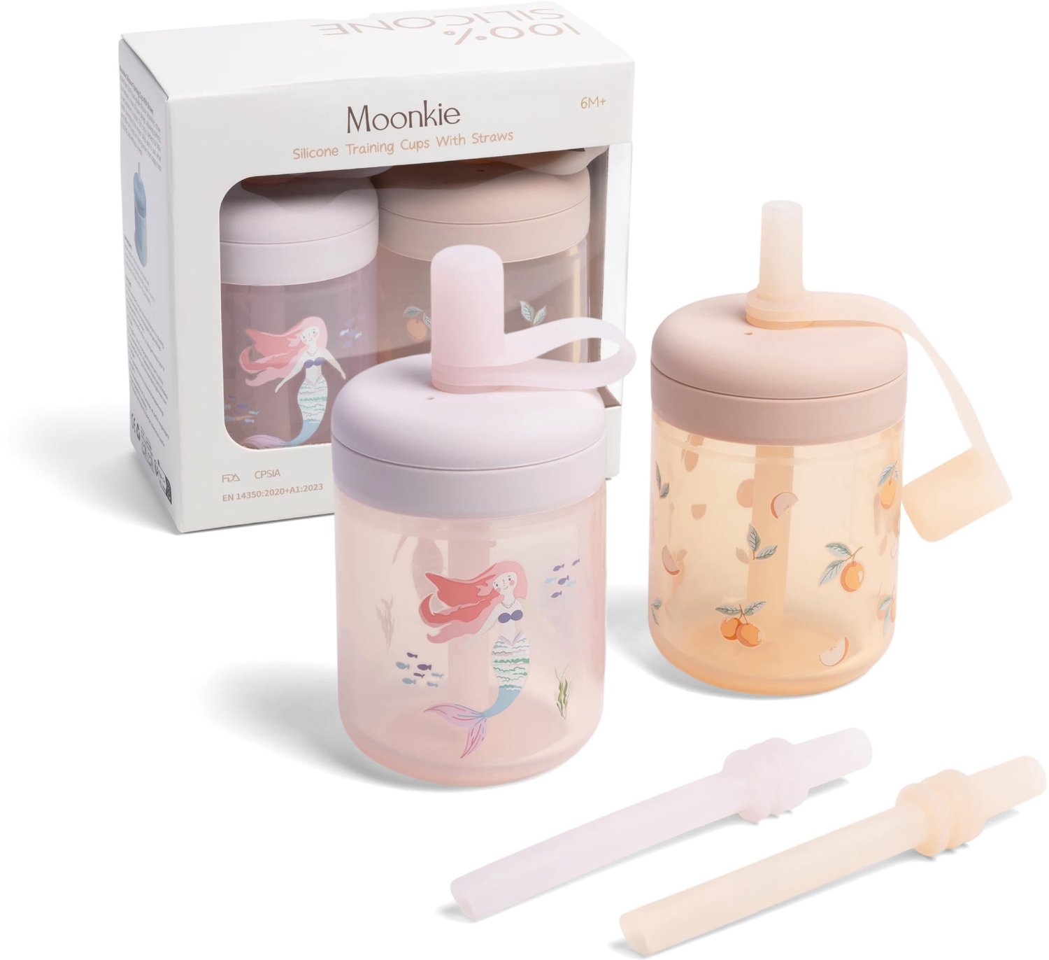 Set van 2 Siliconen Drinkbekers met Rietjes voor Baby's vanaf 6 Maanden (Zeemeermin/Roze-Peche)