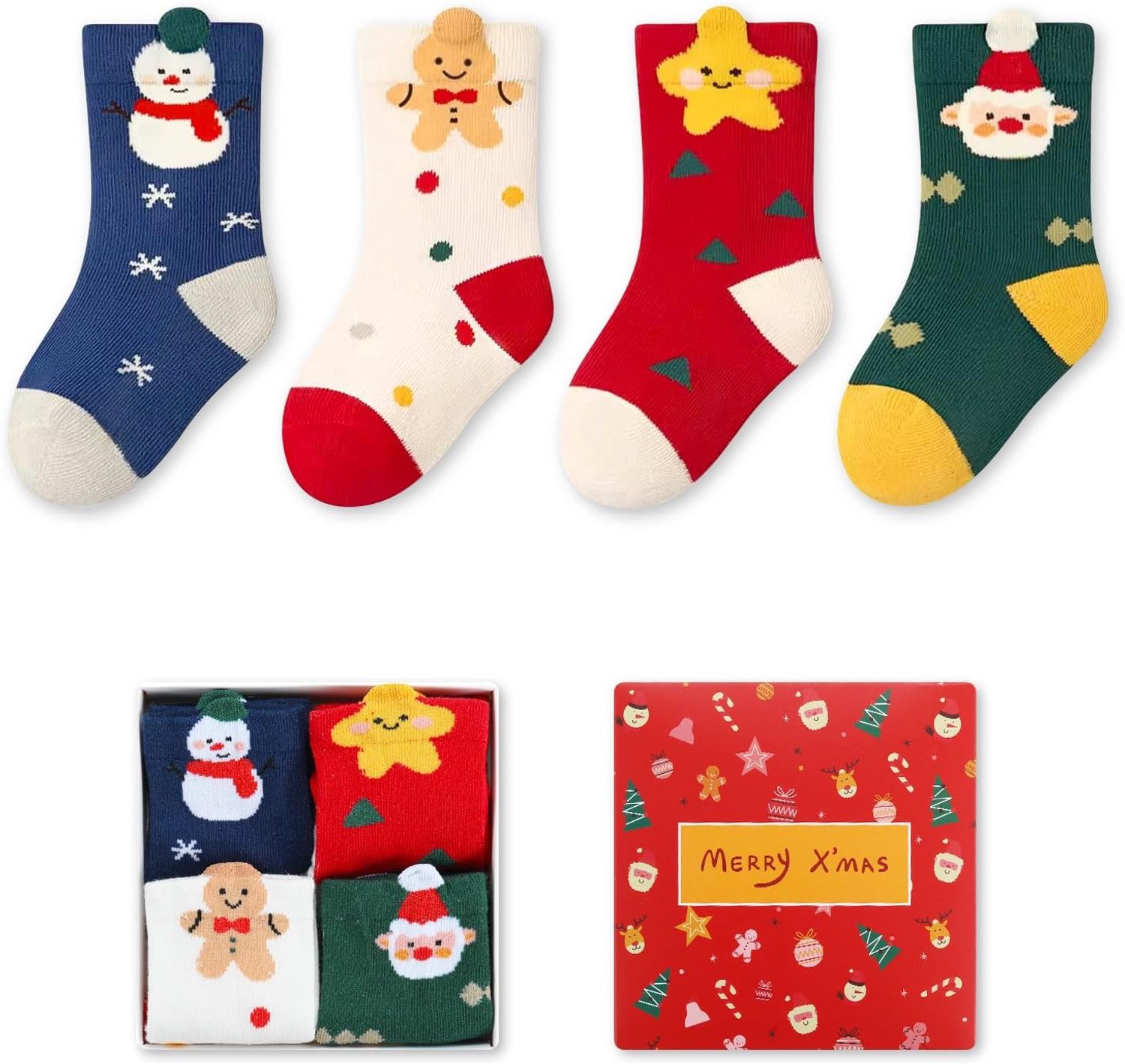 Kerstsokken voor kinderen, 4 paar, kerstsokken voor kinderen, cadeau voor jongens en meisjes voor verjaardag en Kerstmis, maat M (1-3T)