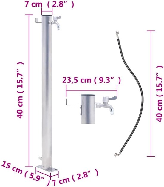 Waterkolom voor de tuin, 40 cm, roestvrij staal, rond, met kraan, slanghouder voor buiten — afbeelding 3