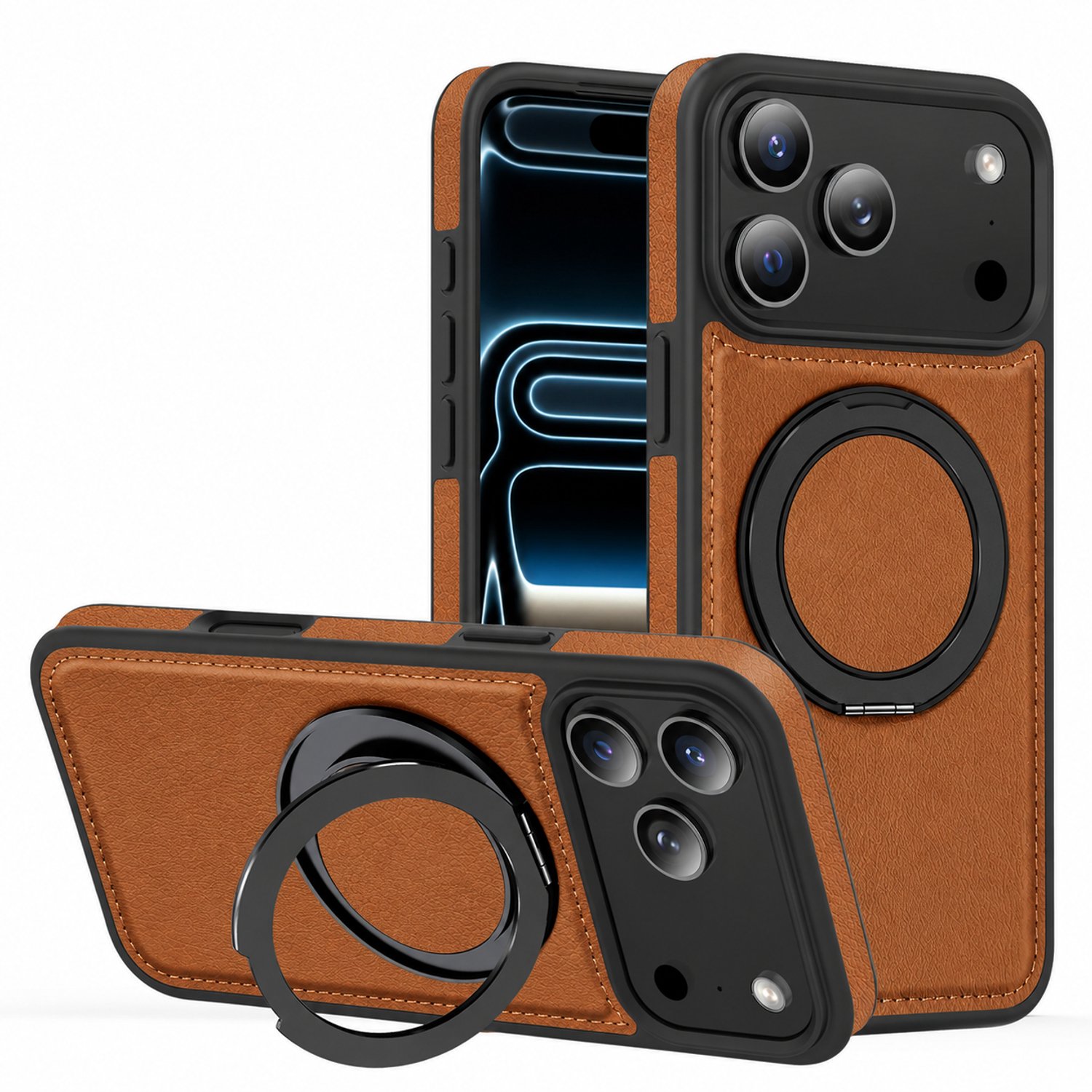 Perfeqt Hoesje geschikt voor iPhone 18 Pro / 17 Pro | Leren BackCover | MagSafe | 360° Draaibare Kickstand | Rich Brown