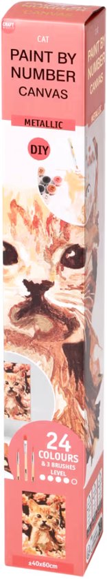 Lange verpakking van een schilder-op-nummer set met een metallic kat-design, inclusief 24 verfkleuren en 3 kwasten.