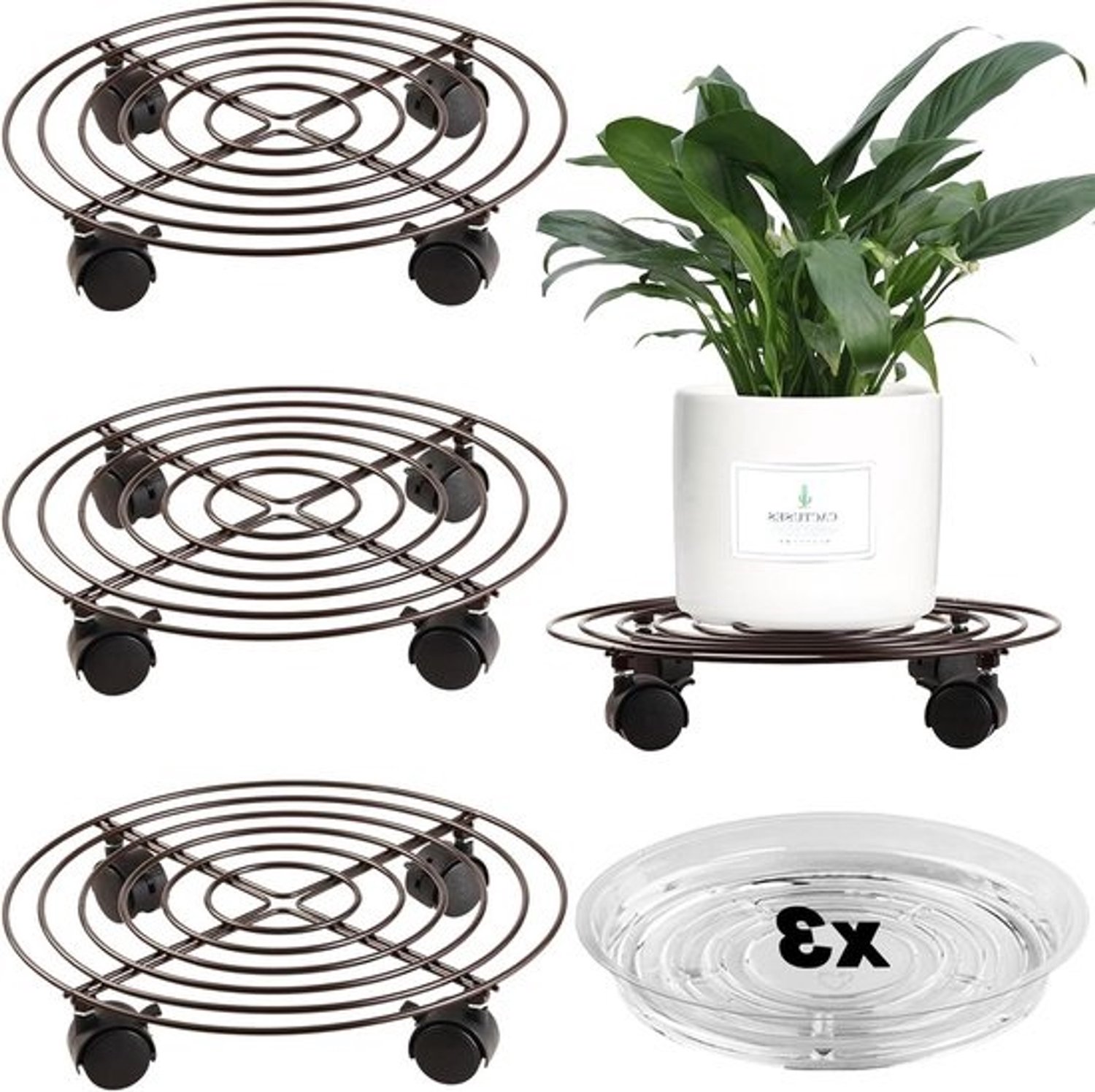 Set van 3 grote metalen plantenplateaus van 13,8 inch met wielen, verrijdbare plantenstandaards van zwaar smeedijzer met wielen voor plantenpotten binnen en buiten, onderstellen met rollers, verplaatsbare plantenpotten en schotels, bruin