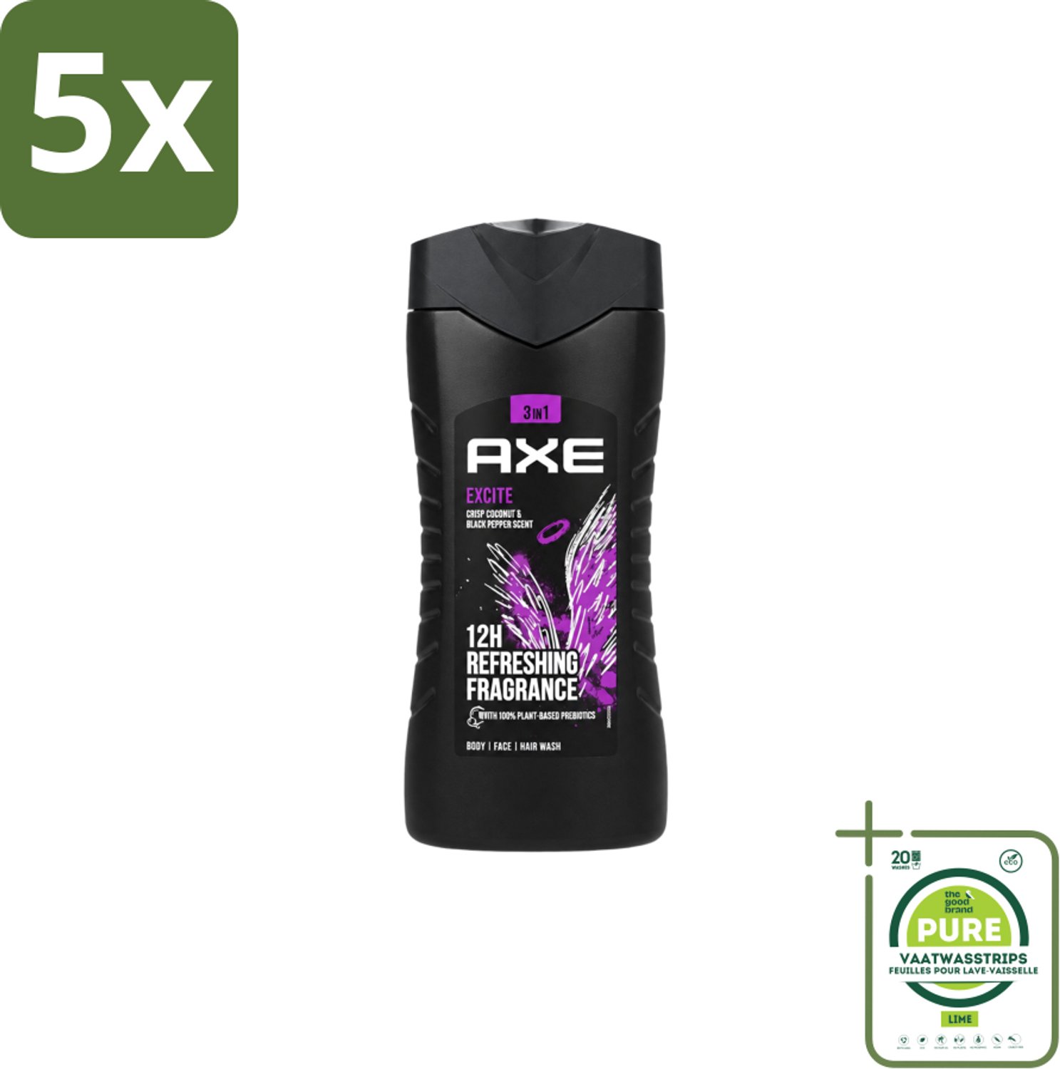 5 x Axe – Douchegel – Excite - 250 ml - Grootverpakking - Vaatwasstrips - Douchegel - Zwarte Peper - Kokosnoot - Mannelijke Geur - Fris Gevoel