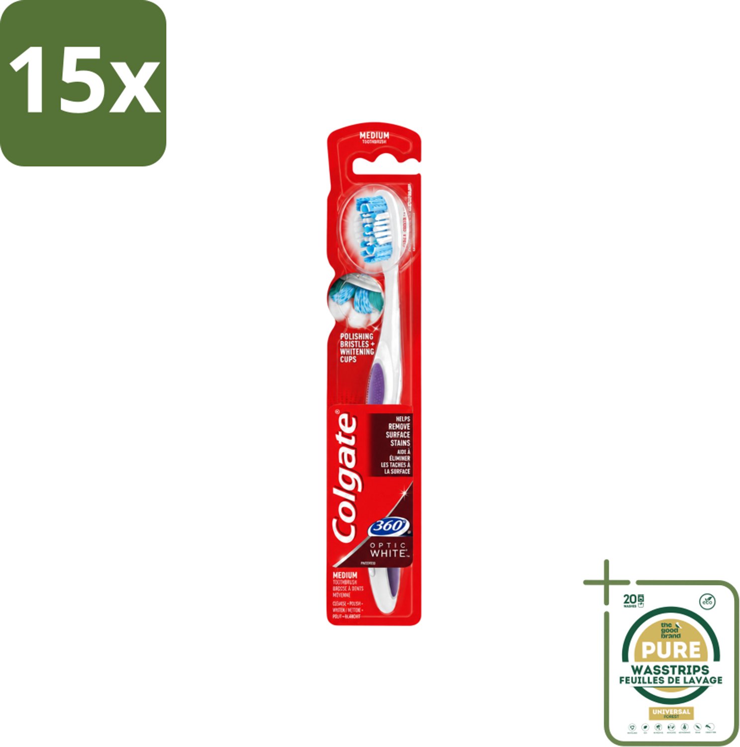15 x Colgate - Tandenborstel - 360 Optic White Medium- Wit - 1 Tandenborstel - Wasstrips - Tandenborstel - Tanden Reinigen - Mondverzorging - Wittere Tanden - 360° Reiniging