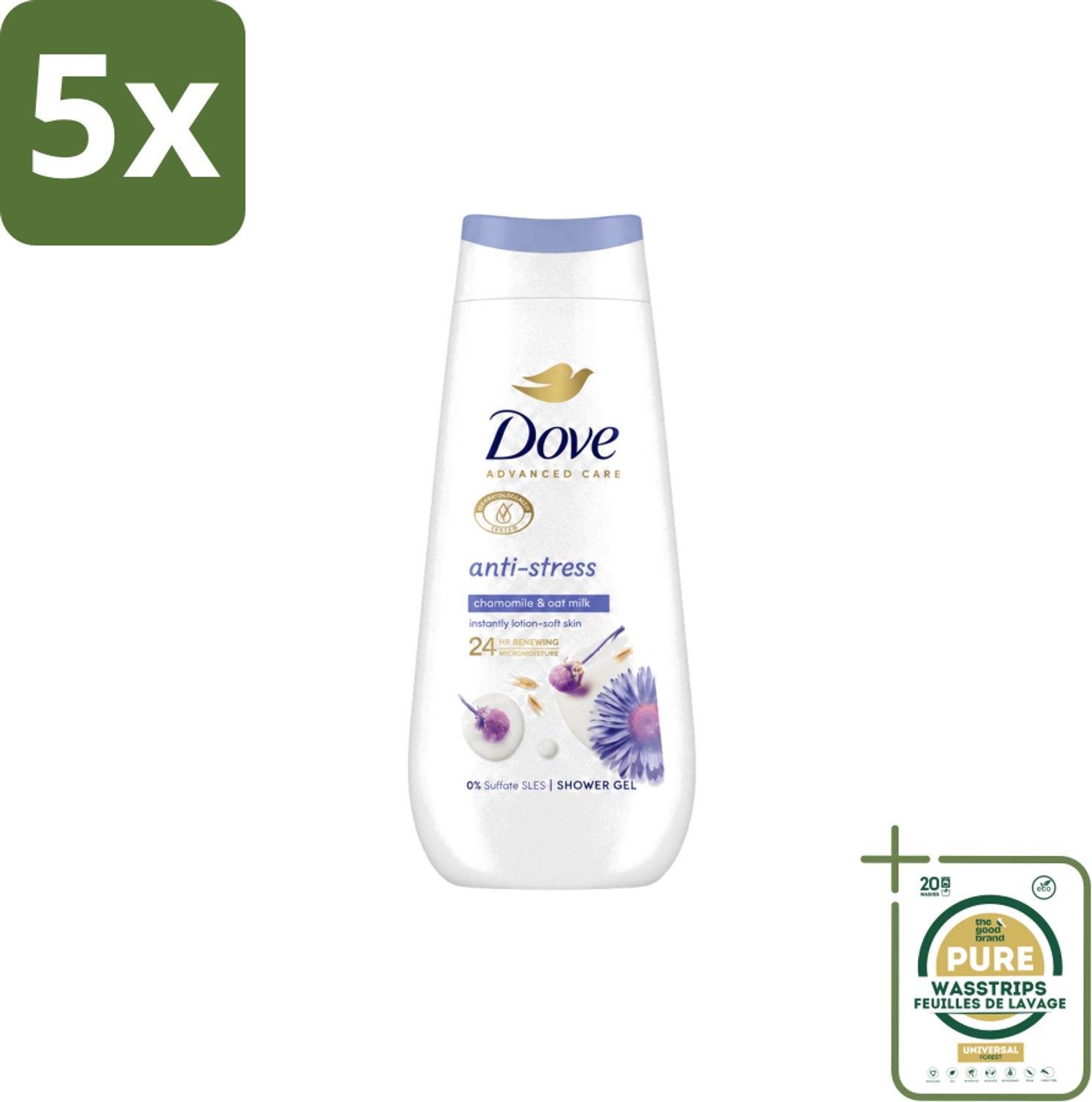 5 x Dove – Douchecrème – Anti-Stress – 225 ml - Wasstrips - Douchecrème Anti-stress - Ontspannende Douche - Droge Huid Verzorging - Blauwe Kamille - Havermelk