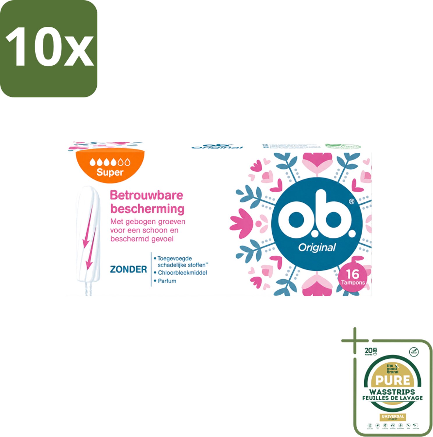 10 x o.b. Tampons - Original Super - Gebogen Groeven - Voor Betrouwbare Bescherming - 16 Tampons - Wasstrips - Tampons - Menstruatiebescherming - Gebogen Groeven - StayDry - Plantaardige Kern
