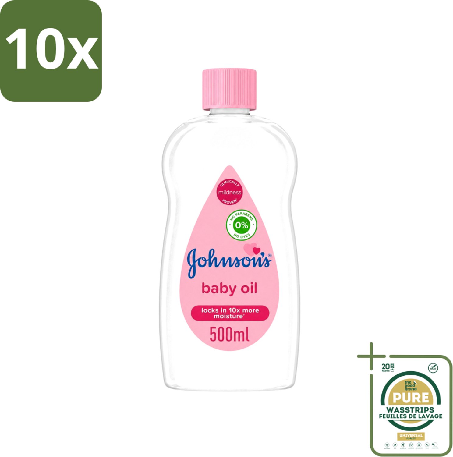 10 x Johnson's - Baby Olie - Verzachtend - Hydraterend - 500 ml - Wasstrips - Baby Aceite - Babyolie - Babyhuid Verzorging - Baby Massage - Hydratatie