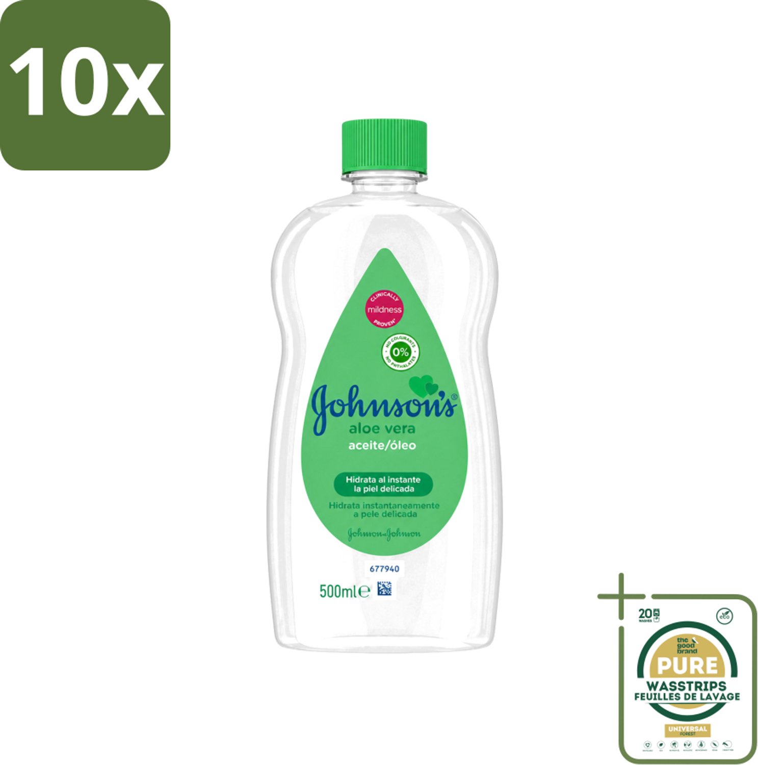 10 x Johnson's - Baby Olie - Aloe Vera - Hydrateerd Gevoelige Huid - 500 ml - Wasstrips - Babyolie - Aloe Vera - Gevoelige Huid - Melkkorst Verwijderen - Hydraterende Olie