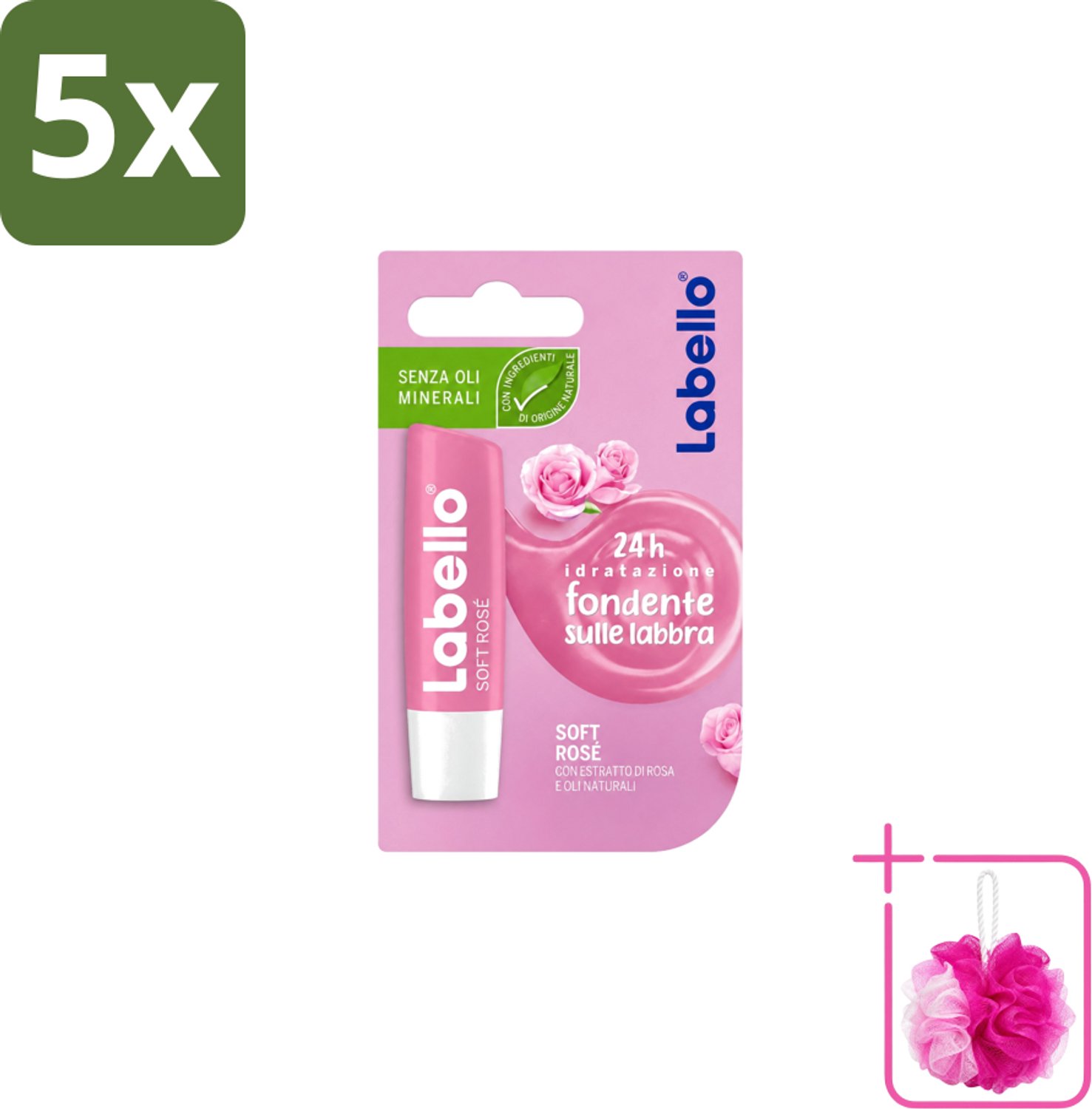 5 x Labello – Lippenbalsem – Soft Rosé - Bulkverpakking - Lippenbalsem - Douchemop - Hydratatie