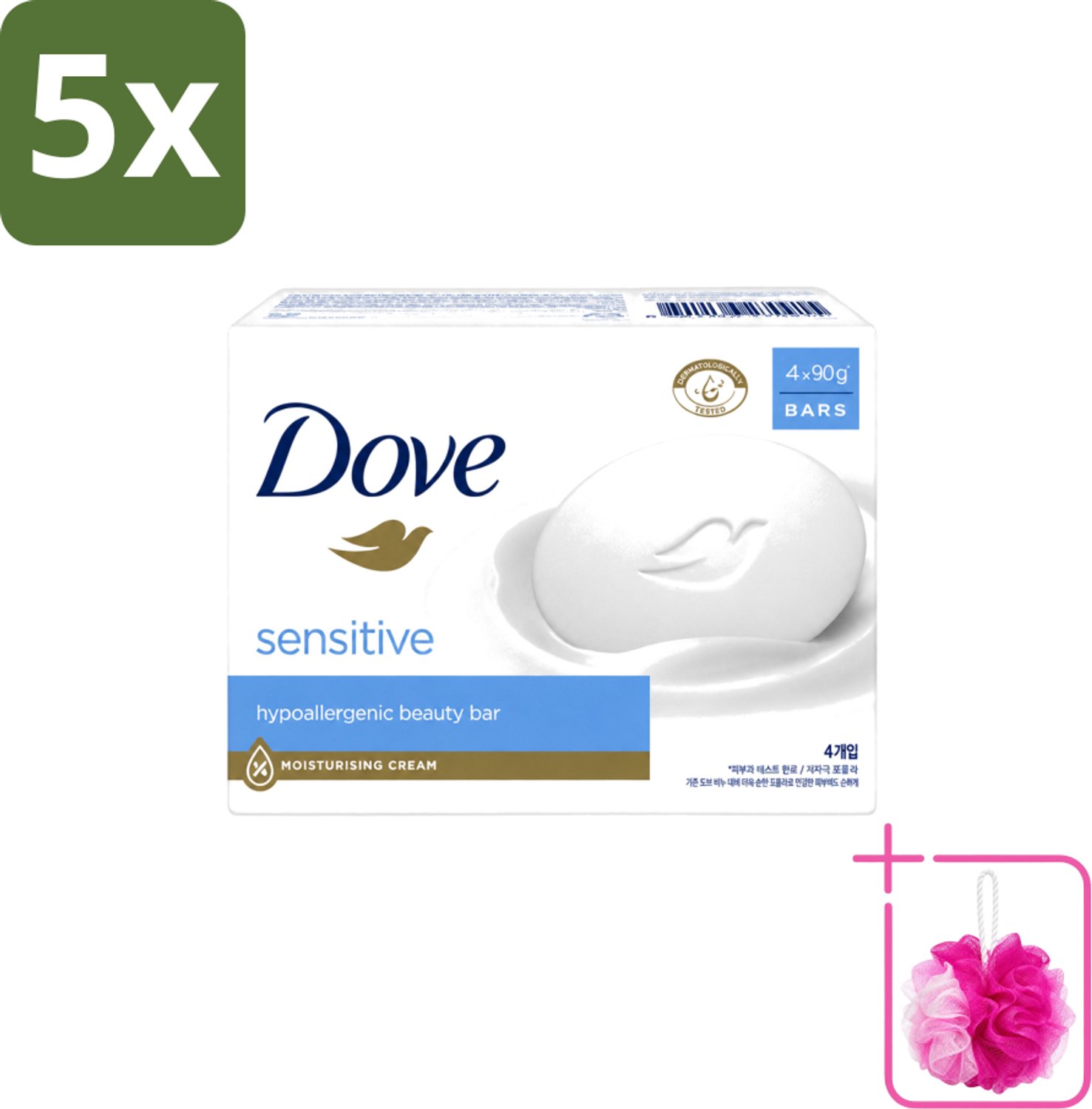 5 x Dove Zeep - Sensitive 4 x 90 gr. - Bulkverpakking - Gevoelige huid - Douchemop - Zachte reiniging