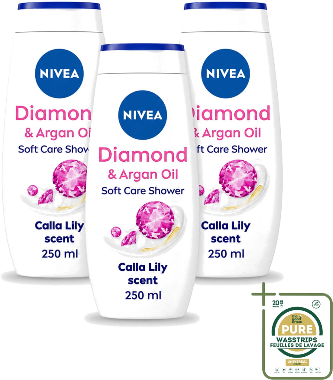3 x Nivea - Diamond Touch Douchegel - Sensuele Leliegeur - 250 ml - Wasstrips - Douchegel - Diamantpoeder - Witte Aronskelk - Hydratatie - Luxe Douchegel