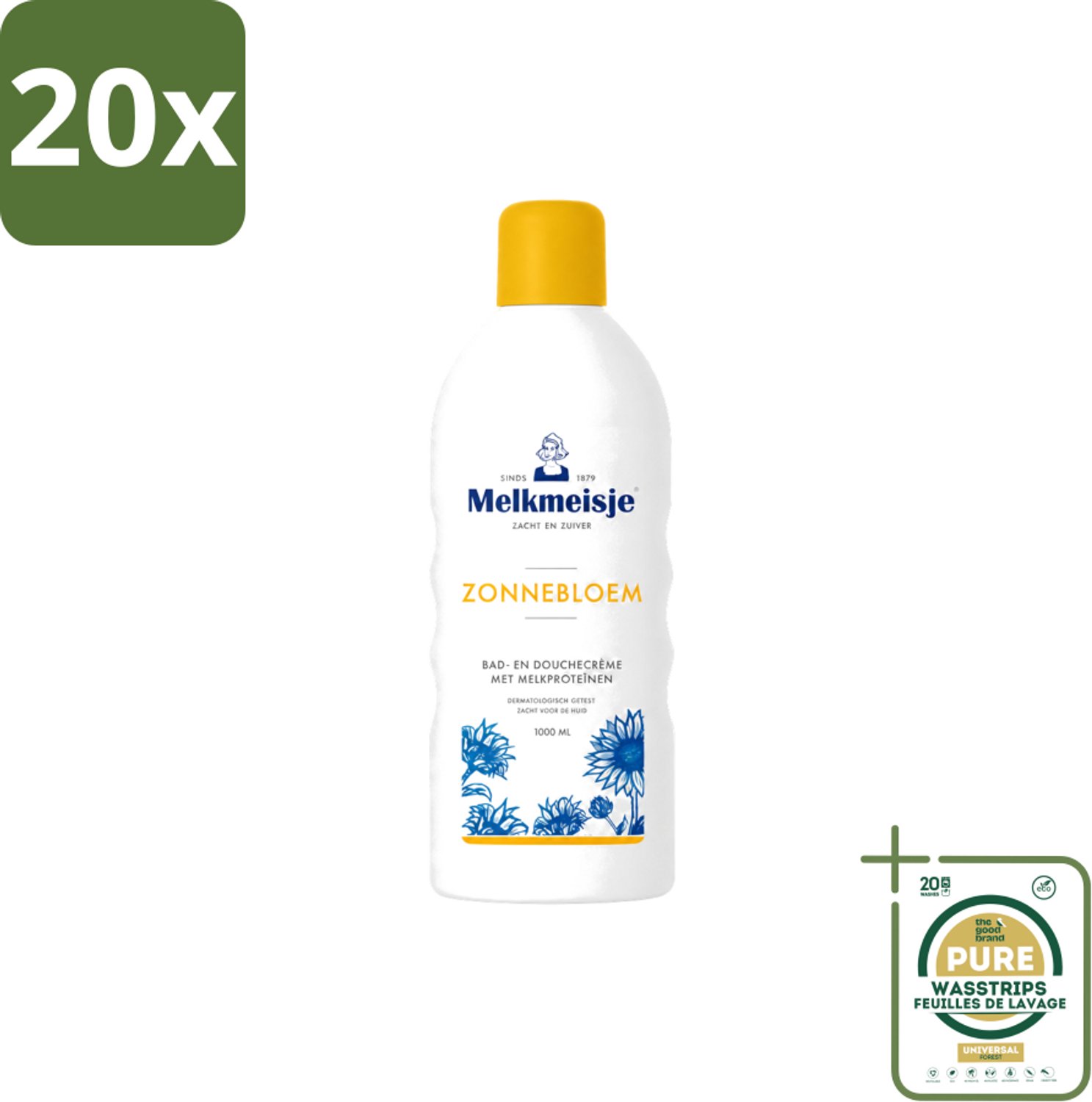 20 x Melkmeisje - Bad & Douche Zonnebloem - Romig Parfum - 1000 ml - Wasstrips - Douchecrème - Melkproteïnen - Zonnebloemextract - Huidverzorging - Fris Parfum