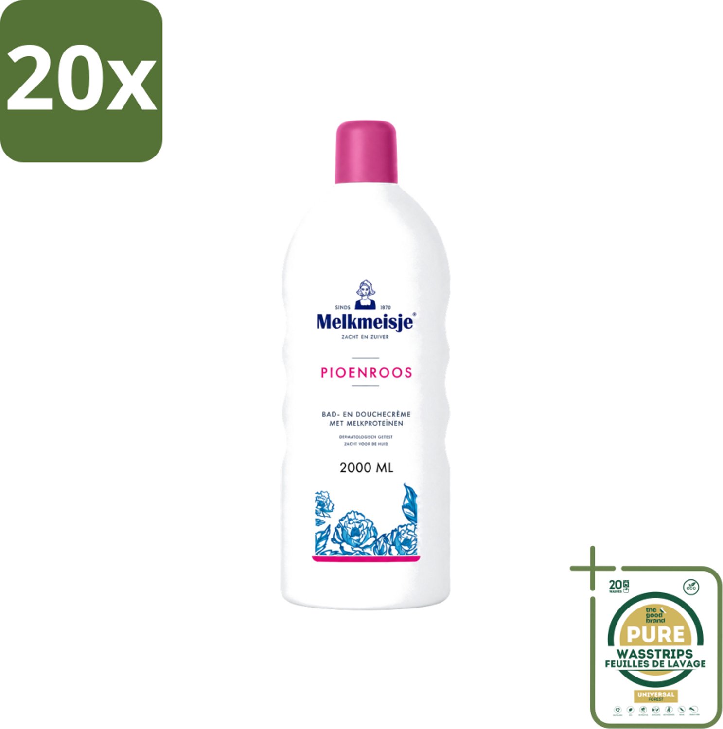 20 x Melkmeisje - Bad & Douche - Pioenroos Geur - Verzorgend & Hydraterend - 2000 ml - Wasstrips - Douchecrème - Melkproteïnen - Katoen - Huidverzorging - Pioenroos