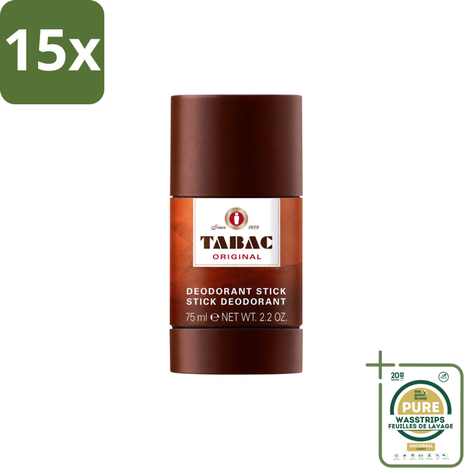 15 x Tabac Original - Deodorant Stick - Langdurige frisheid - 75 ml - Wasstrips - Deodorant Stick - Langdurige Frisheid - Zweetbescherming - Pittige Geur - Mannelijke Geur