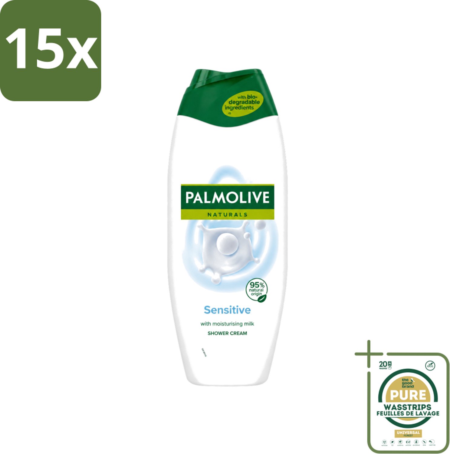15 x Palmolive Naturals - Douchegel - Sensitive - Voor Gevoelige Huid - 500 ml - Wasstrips - Douchegel - Gevoelige Huid - Melkproteïnen - Zachte Reiniging - Dermatologisch Getest