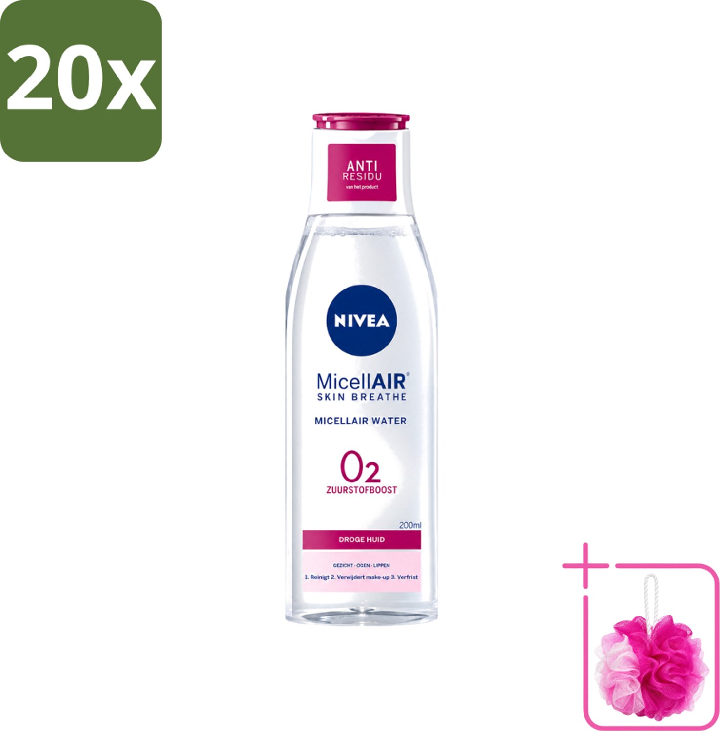 20 x Nivea - O2 Zuurstofboost Micellair Water - Droge Huid - 200 ml - Bulkverpakking - Micellair water - Douchemop - Droge huid