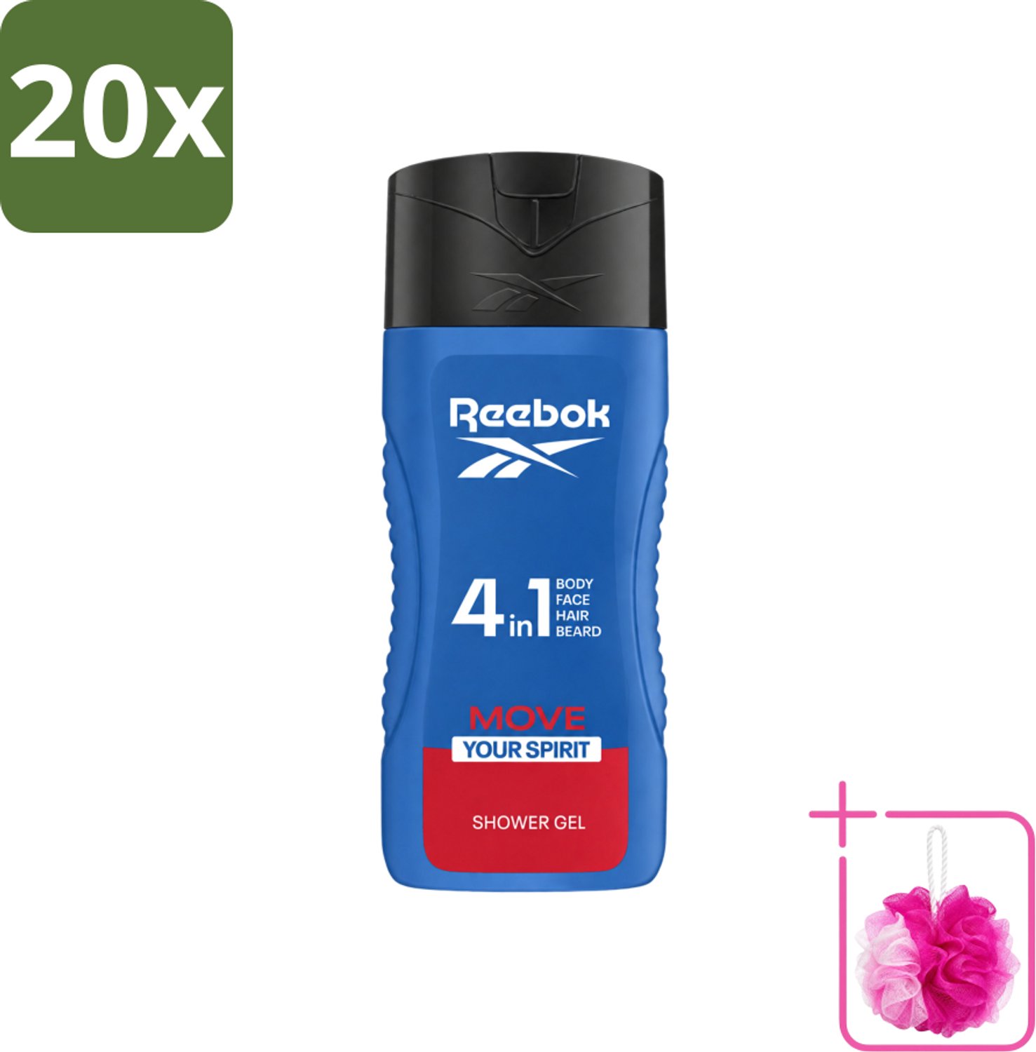 20 x Reebok - Move Your Spirit - Douchegel - 4 in 1 - 400 ml - Bulkverpakking - Douchegel 4 in 1 - Douchemop - Verzorging lichaam