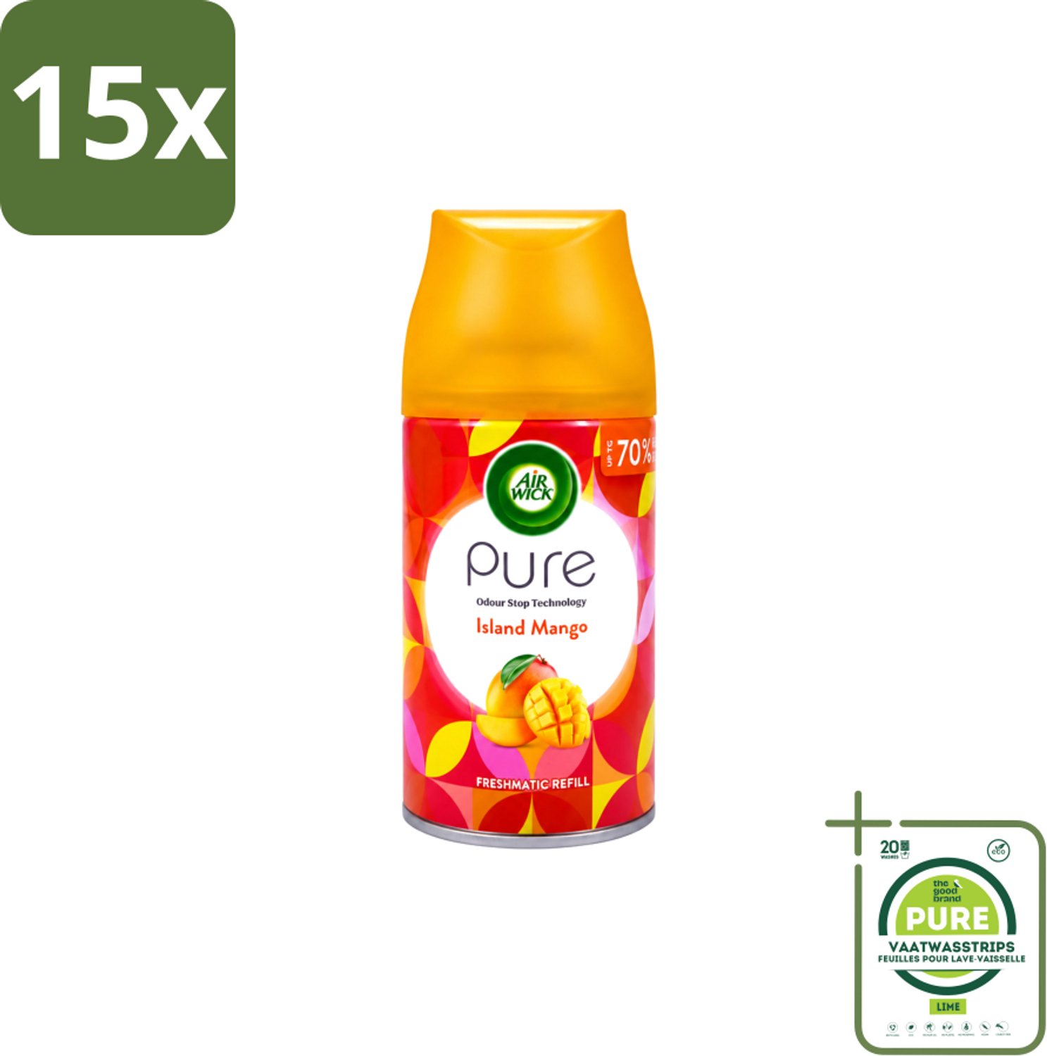 15 x Air Wick – Luchtverfrisser Navulling – Island Mango – 250 ml - Grootverpakking - Vaatwasstrips - Luchtverfrisser - Tropische Geur - Mango Geur - Geur Neutralisatie - Frisse Geur