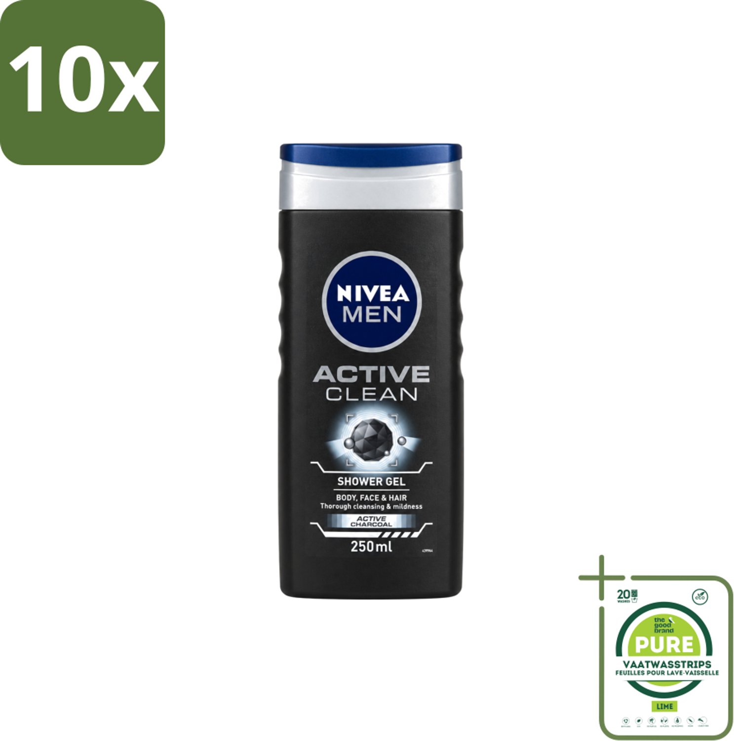 10 x Nivea Men – Douchegel – Active Clean – 250 ml - Grootverpakking - Vaatwasstrips - Douchegel Mannen - Reiniging Huid - Actieve Houtskool - Vuil Verwijderen - Huid Verzorging