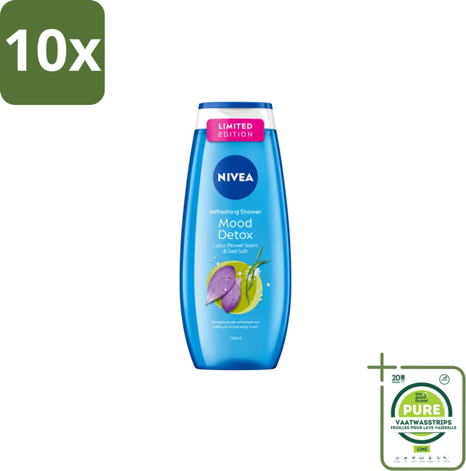10 x Nivea – Douchegel – Creme Mood Detox – 250 ml - Grootverpakking - Vaatwasstrips - Douchegel - Zeezout - Ontspanning - Huidverzorging - Mood Detox