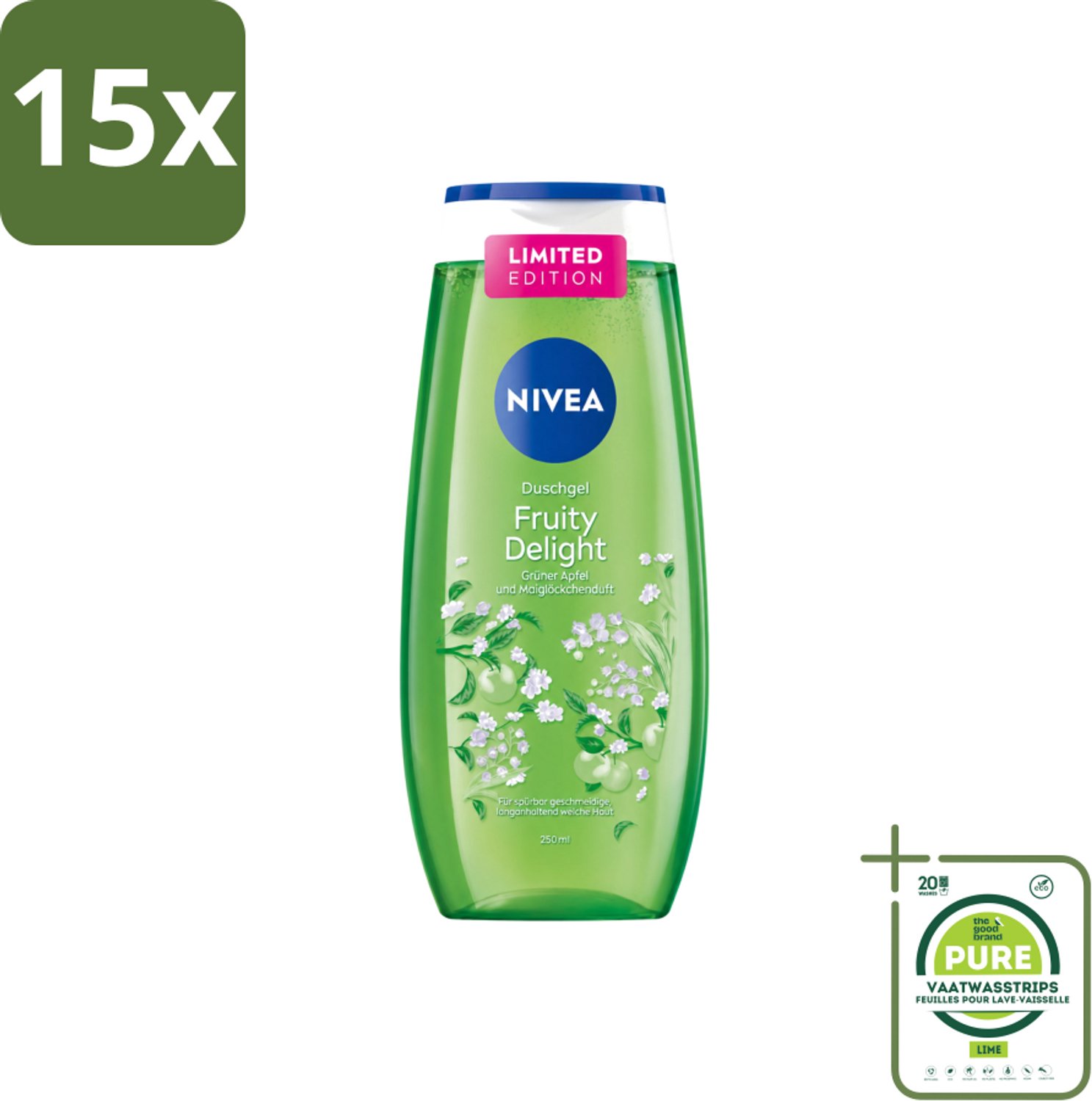 15 x Nivea – Douchegel – Fruity Delight – 250 ml - Grootverpakking - Vaatwasstrips - Douchegel - Fruitige Geur - Huidverzorging - Verfrissend - Mild Reinigen