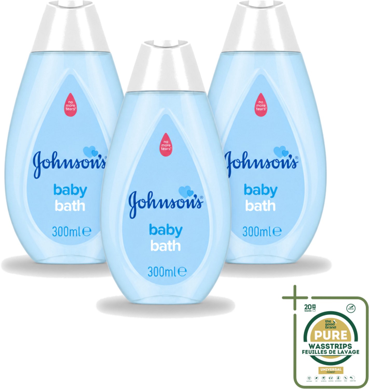 3 x Johnson's - Baby Bath - Puur & Zacht - 300 ml - Wasstrips - Baby Bad - Baby Zeep - Babyhuid Verzorging - Zachte Babyzeep - Milde Babyzeep