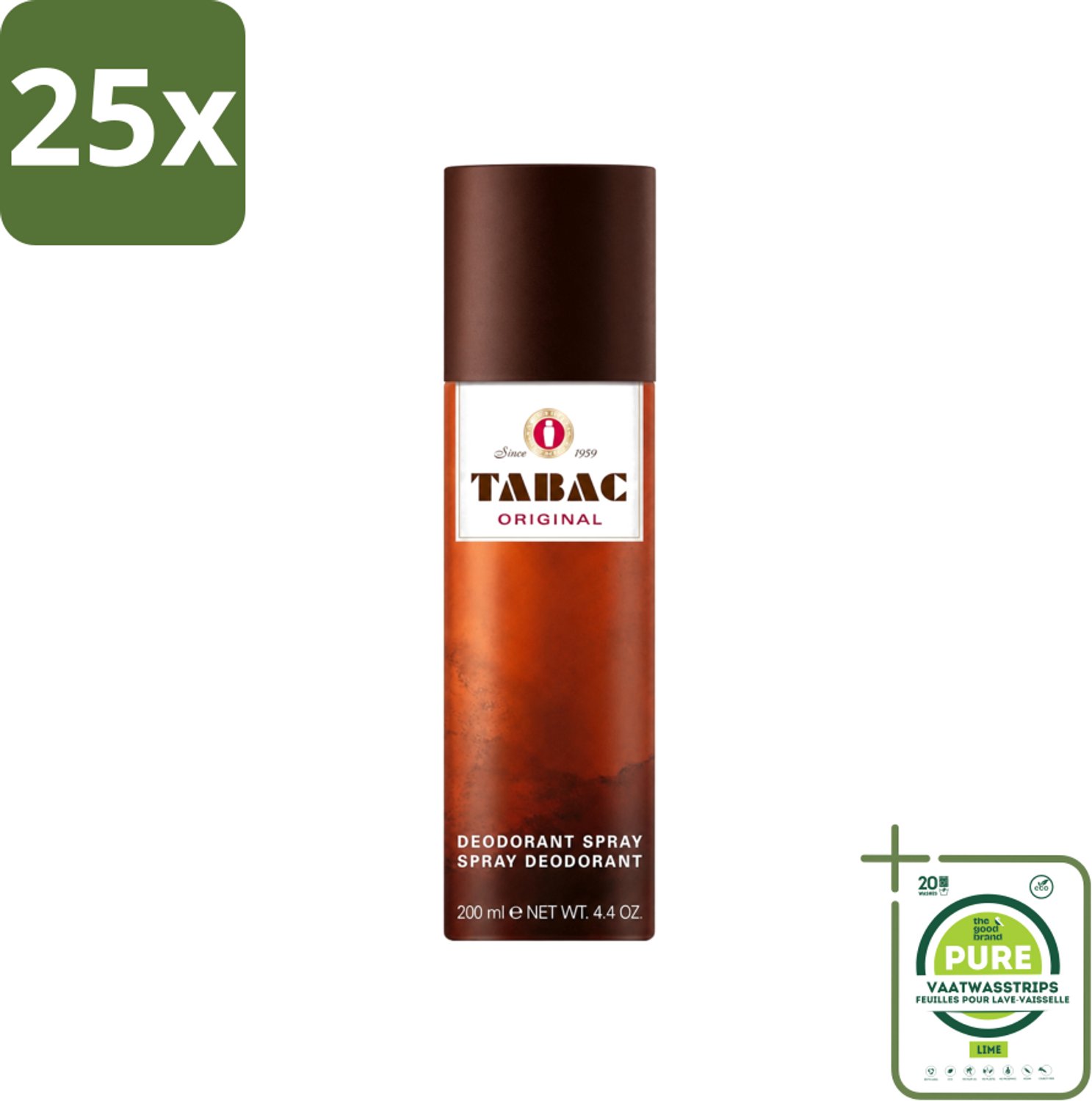 25 x Tabac Original - Deodorant Spray - Anti-transpirant - 200 ml - Grootverpakking - Vaatwasstrips - Deodorant Spray - Anti-transpirant - Zweetvermindering - Geur - Mannelijkheid