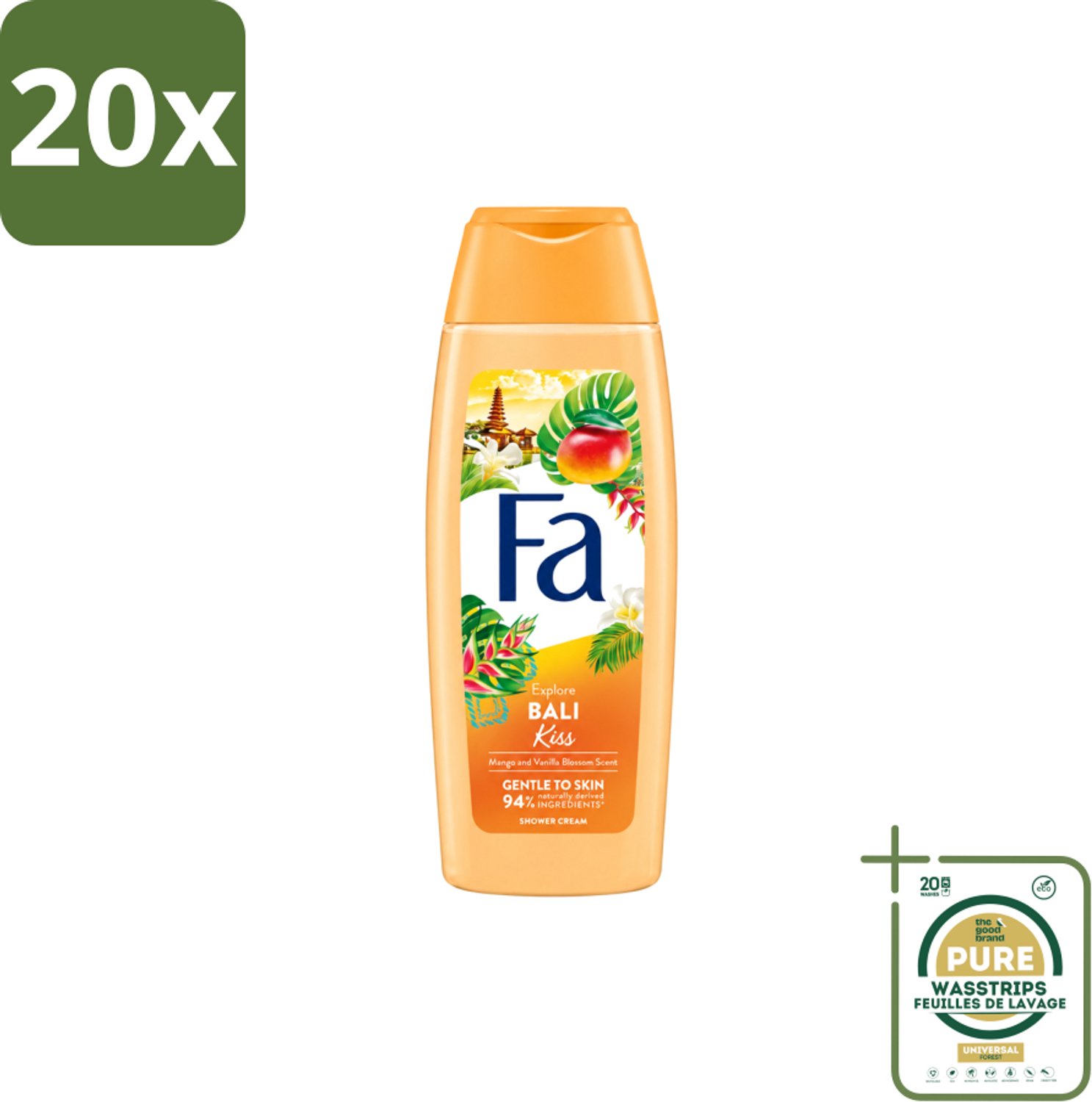 20 x Fa – Douchegel – Bali Kiss – 250 ml - Wasstrips - Douchegel - Mango - Vanillebloesem - Tropisch - Vegan