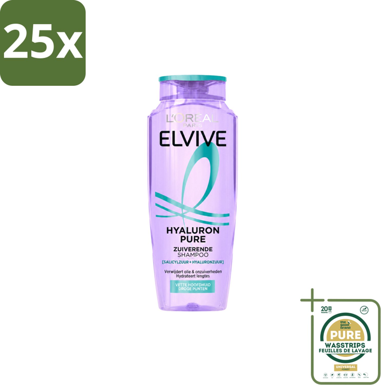 25 x L’Oréal Paris Elvive – Shampoo – Hyaluron Pure – Zuiverend – 250 ml - Wasstrips - Shampoo Voor Vette Hoofdhuid - Zuiverende Shampoo - Hyaluronzuur Shampoo - Salicylzuur Shampoo - Droge Punten