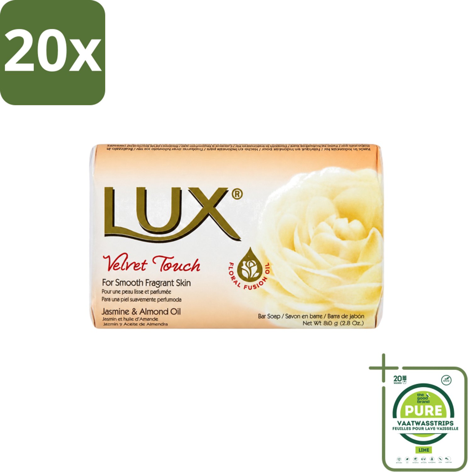 20 x Lux - Zeep - Velvet Touch - Hydraterend - Voor Geurige Huid - 80 g - Grootverpakking - Vaatwasstrips - Luxueuze Zeep - Zijdezachte Zeep - Hydraterende Zeep - Geurende Zeep - Huidverzorging