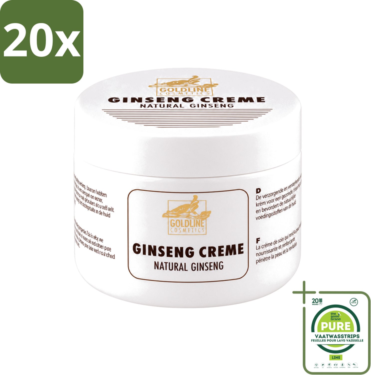 20 x Goldline - Bodycrème - Natural Ginseng - Verzorgend & Versterkend - 250 ml - Grootverpakking - Vaatwasstrips - Ginseng Crème - Huid Verzorging - Huid Versterken - Natuurlijke Crème - Hydratatie