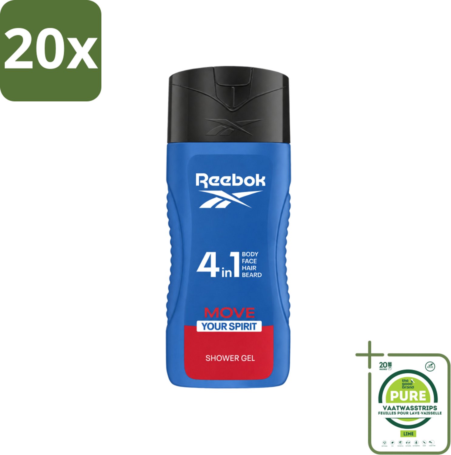 20 x Reebok - Move Your Spirit - Douchegel - 4 in 1 - 400 ml - Grootverpakking - Vaatwasstrips - Douchegel 4 In 1 - Verzorging Lichaam - Verzorging Gezicht - Verzorging Haar - Scheerschuim