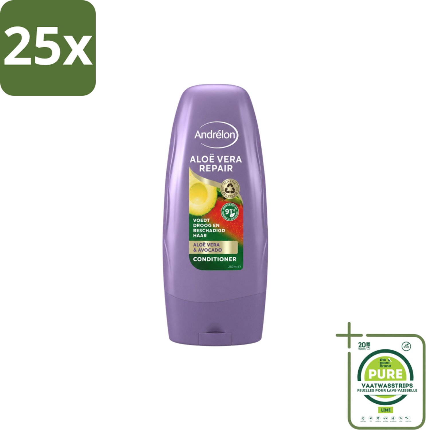 25 x Andrélon - Aloe Vera Repair - Conditioner - Verzachtend & Herstellend - 250 ml - Grootverpakking - Vaatwasstrips - Haarherstel - Haarverzorging - Droog Haar - Beschadigd Haar - Aloe Vera