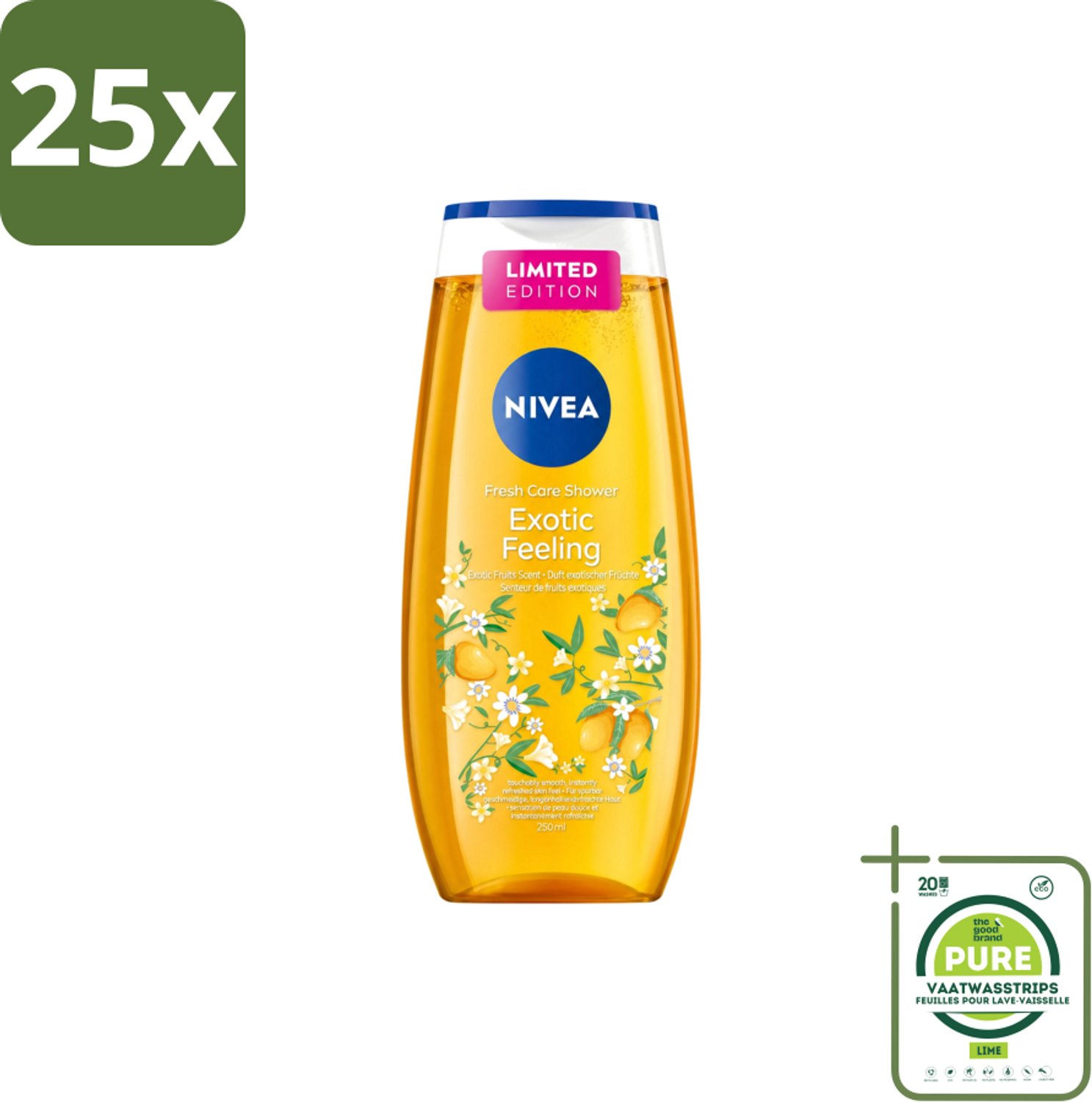 25 x Nivea – Douchegel – Exotic Feeling – 250 ml - Grootverpakking - Vaatwasstrips - Douchegel - Tropische Geur - Exotische Geur - Huid Verzorging - Mild Reinigen