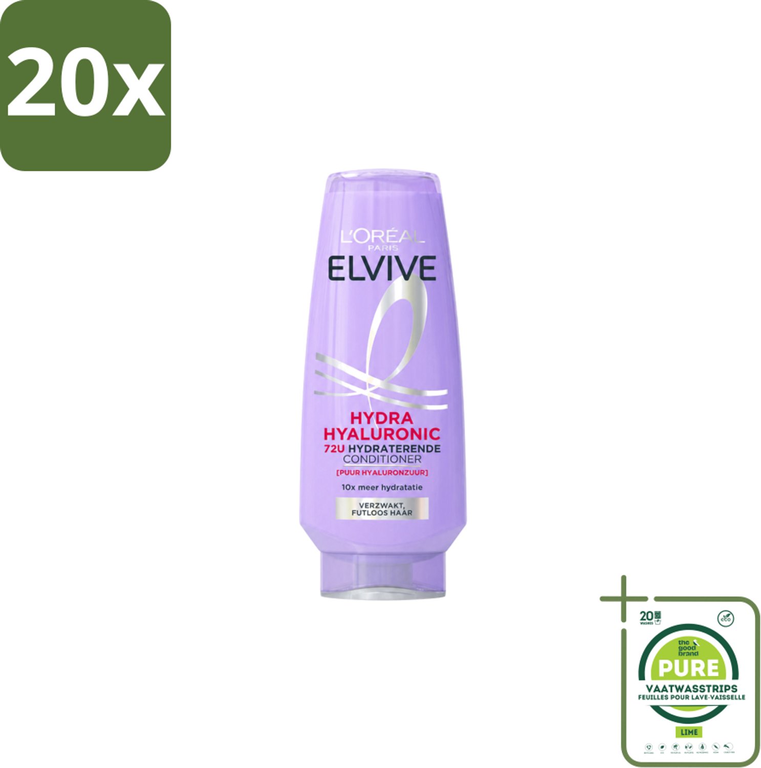 20 x L’Oréal Paris Elvive – Conditioner – Hydra Hyaluronic Hydraterend – 200 ml - Grootverpakking - Vaatwasstrips - Hydratatie - Hyaluronzuur - Ontwarring - Droog Haar - Pluizen