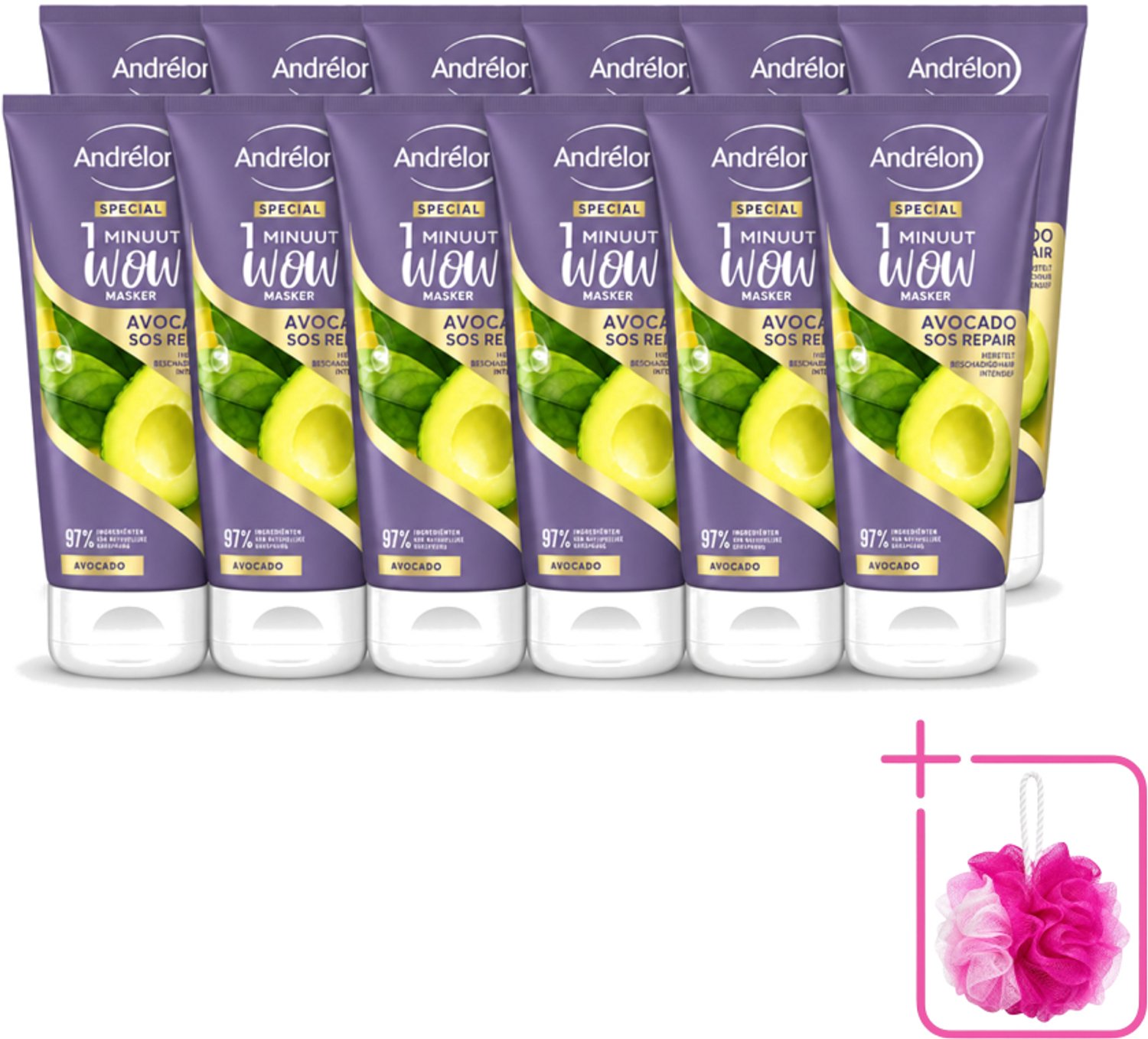 12 x Andrélon - 1 Minuut Wow Haarmasker - Avocado SOS Repair - 180 ml - Bulkverpakking - Haarmasker - Douchemop - Haarherstel