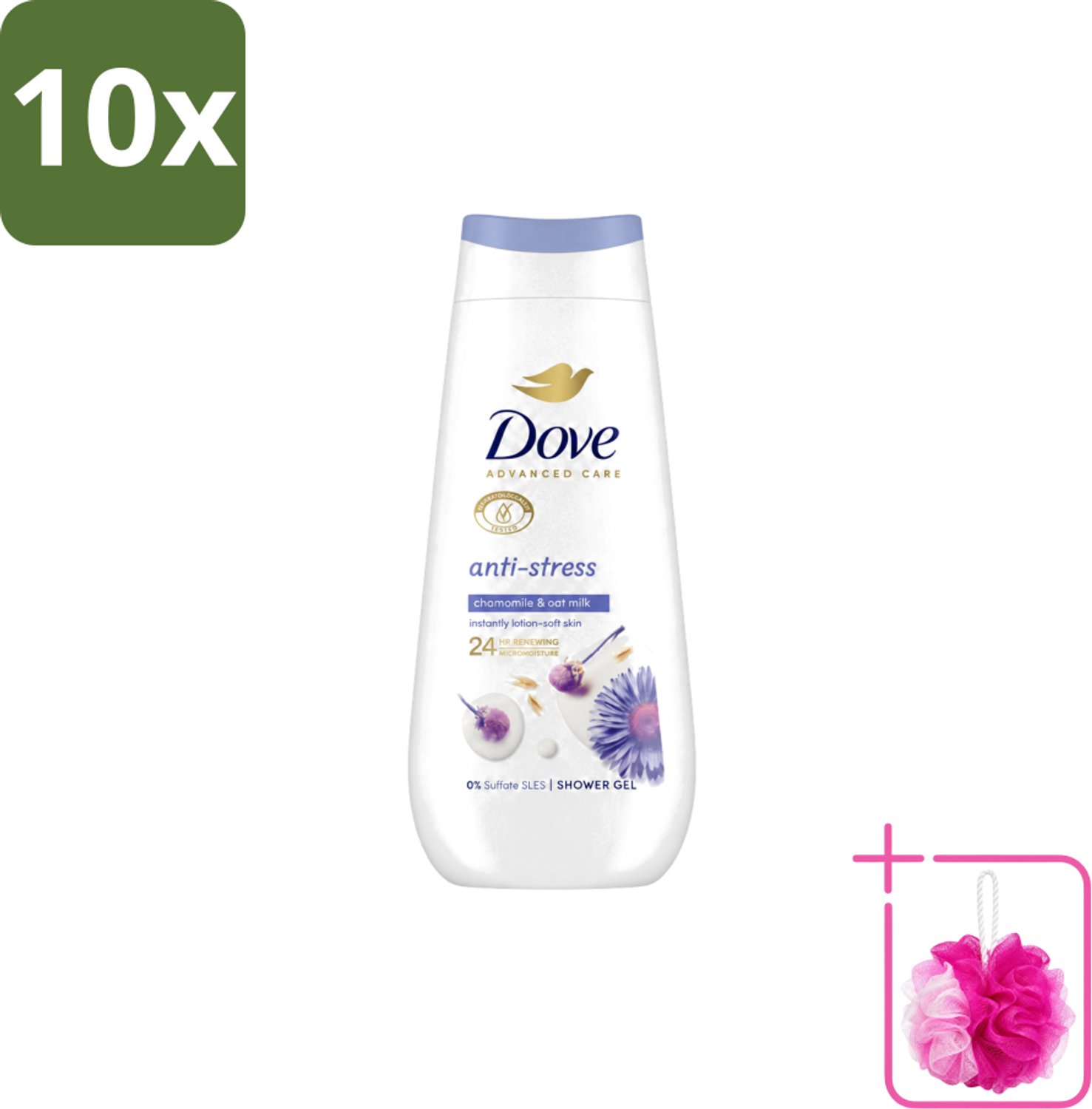 10 x Dove – Douchecrème – Anti-Stress – 225 ml - Bulkverpakking - Douchecrème anti-stress - Douchemop - Ontspannende douchecrème