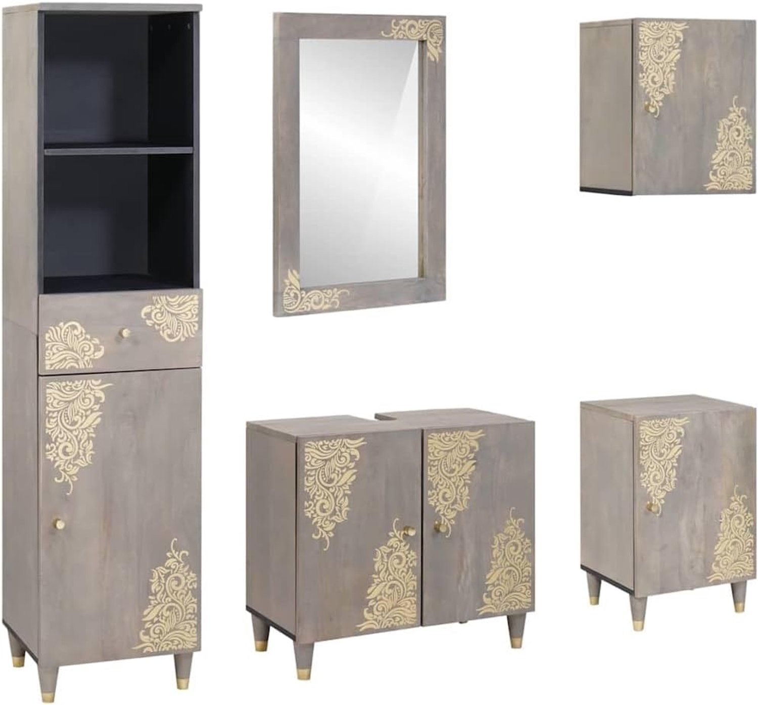 Badkamerkast, set van 5 stuks, grijs, massief hout, mango met gouden accenten en spiegel, functionele opbergruimte met laden en planken, rustiek design