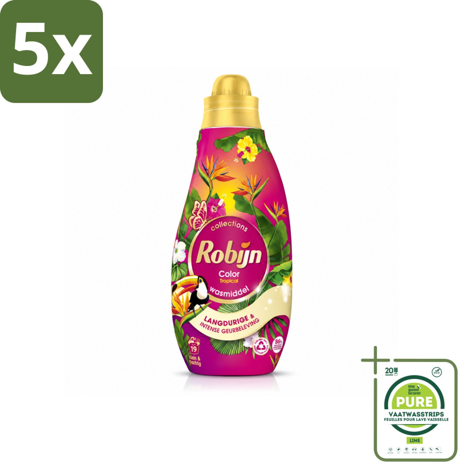 5 x Robijn - Klein & Krachtig Color Tropical - Wasmiddel - 19 Wasbeurten - 665 ml - Grootverpakking - Vaatwasstrips - Kleurbehoud - Wasmiddel - Tropische Geur - Gekleurde Was - Wasmiddel Voor Gekleurd Kleding