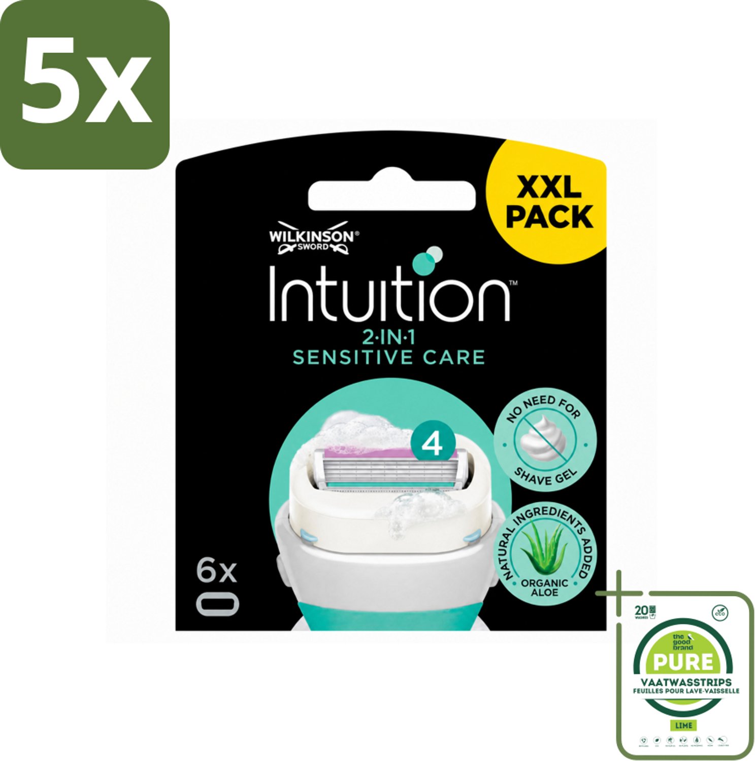 5 x Wilkinson Intuition - Navulmesjes - 2 in 1 Sensitive Care - Voor Gevoelige Huid - 6 mesjes - Grootverpakking - Vaatwasstrips - Gevoelige Huid - Scheren - Navulmesjes - Schuimende Huidconditioner - Dermatologisch Getest