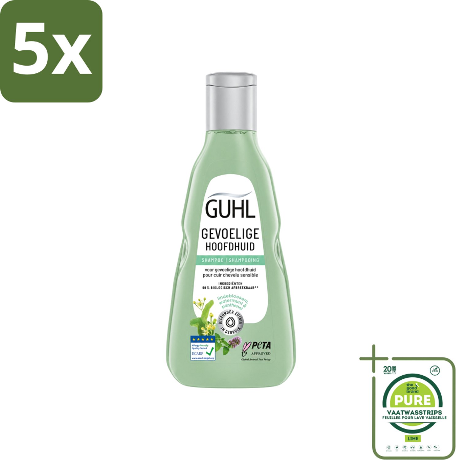 5 x Guhl - Shampoo - Gevoelige Hoofdhuid - 250 ml - Grootverpakking - Vaatwasstrips - Gevoelige Hoofdhuid - Kalmerende Shampoo - Droge Hoofdhuid - Hoofdhuid Verzorging - Haar Verzorging
