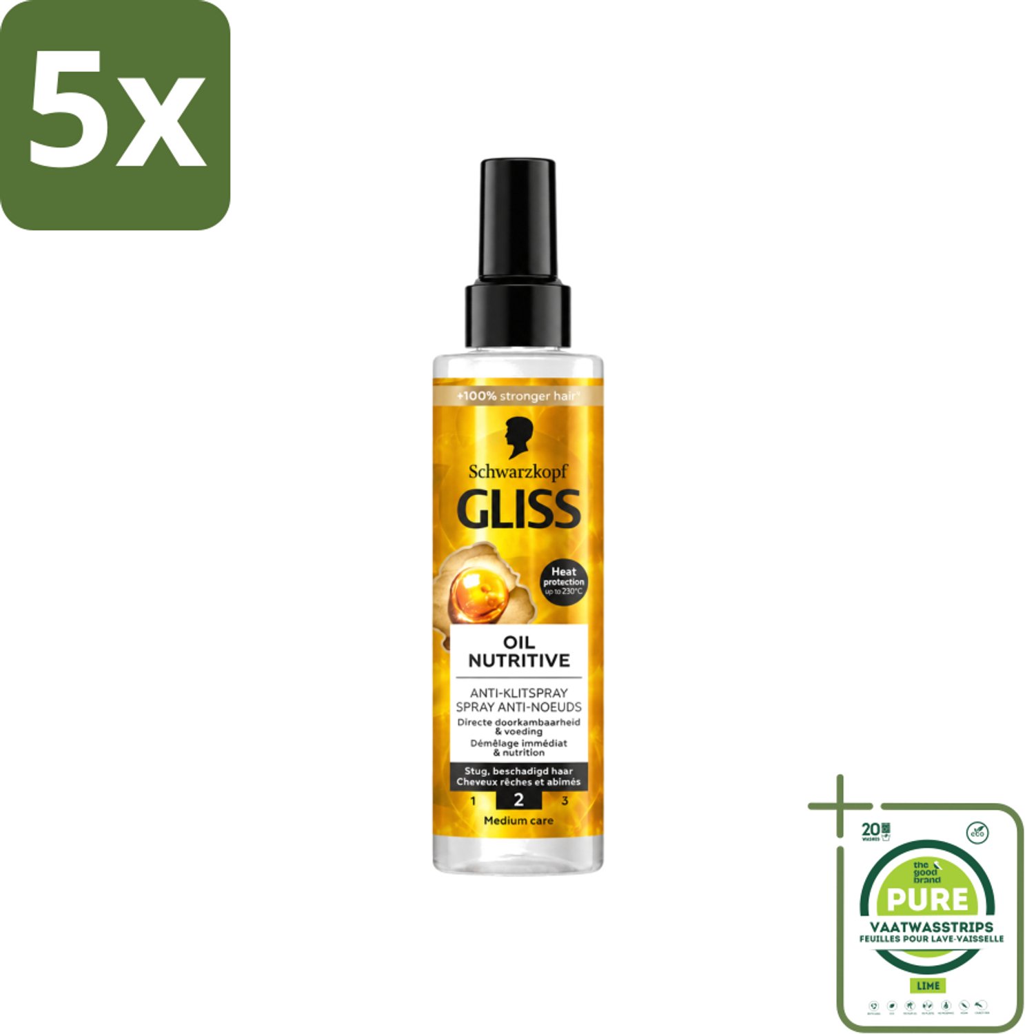 5 x Gliss - Hair Repair - Anti-Klitspray - Oil Nutritive - Makkelijk Doorkambaar Haar - 200 ml - Grootverpakking - Vaatwasstrips - Anti-klit - Klitspray - Voeding Haar - Droog Haar - Gespleten Punten