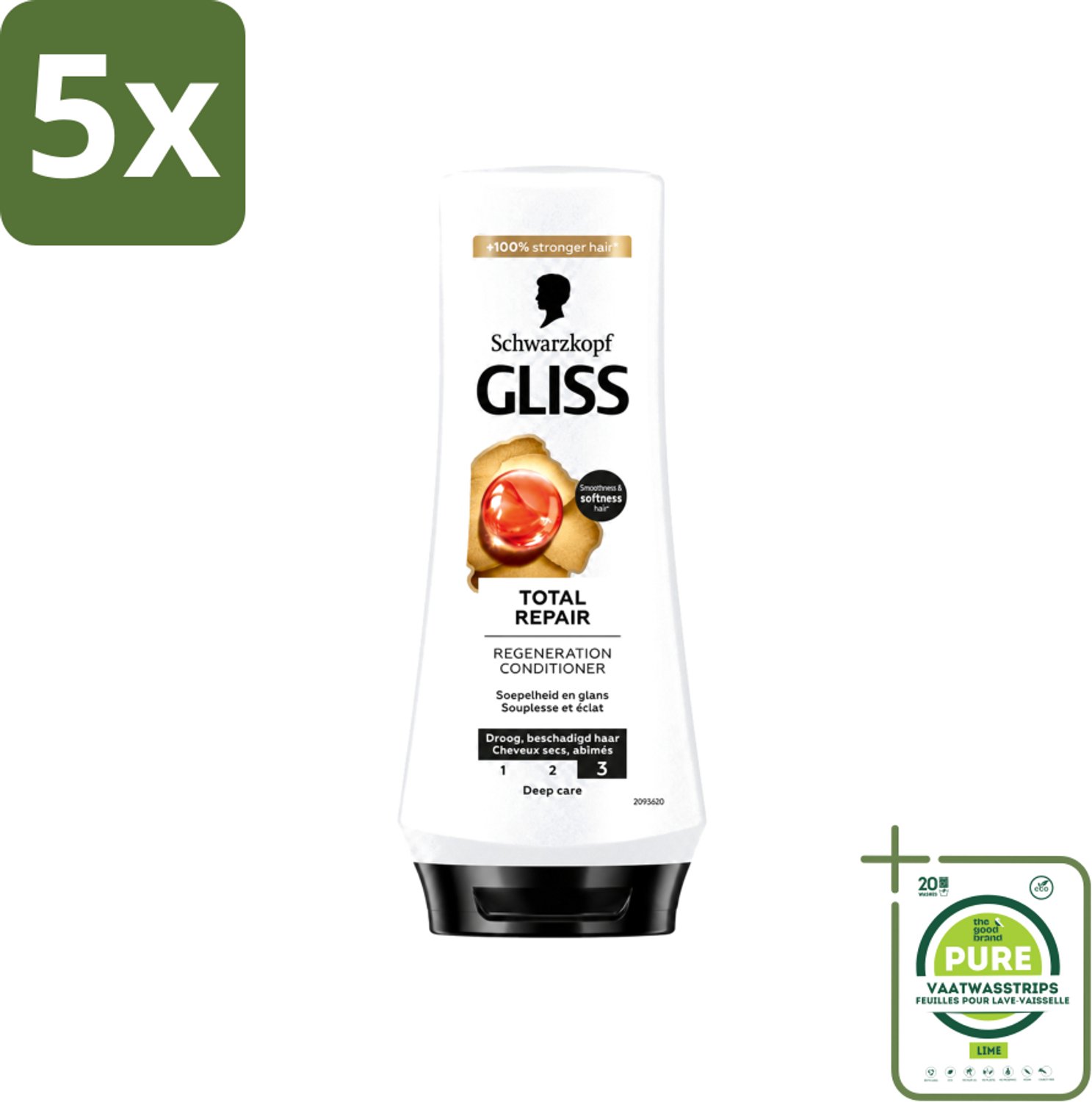 5 x Gliss - Hair Repair - Conditioner voor Totaal Herstel - 200 ml - Grootverpakking - Vaatwasstrips - Haarherstel - Droog Haar - Beschadigd Haar - Haarverzorging - Keratine