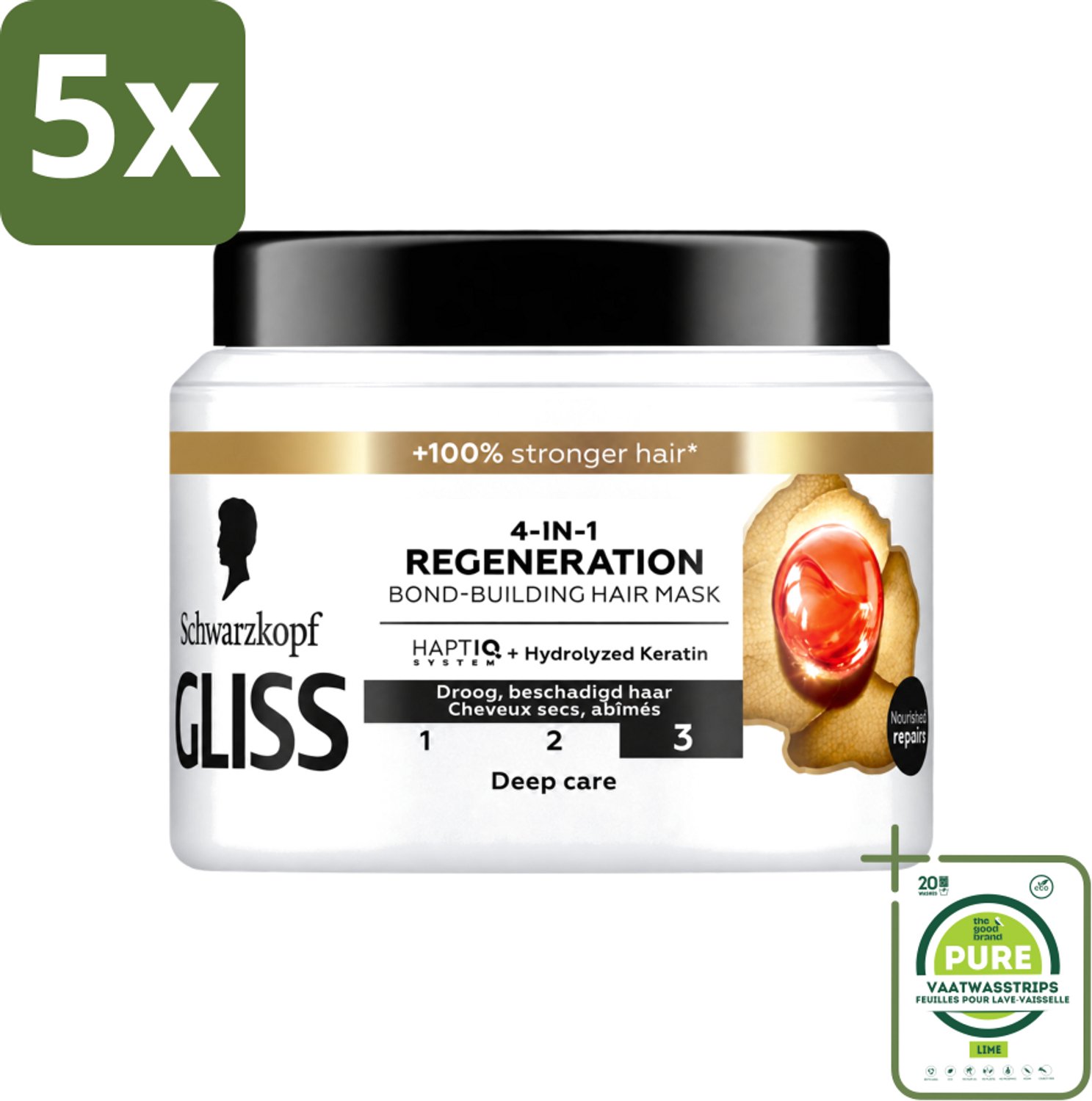 5 x Gliss - Haarmasker - 4in-1 Hair Mask - Voor Diep Herstel - 400 ml - Grootverpakking - Vaatwasstrips - Haarmasker - Haarherstel - Haarvoeding - Haarbescherming - Haarverzorging