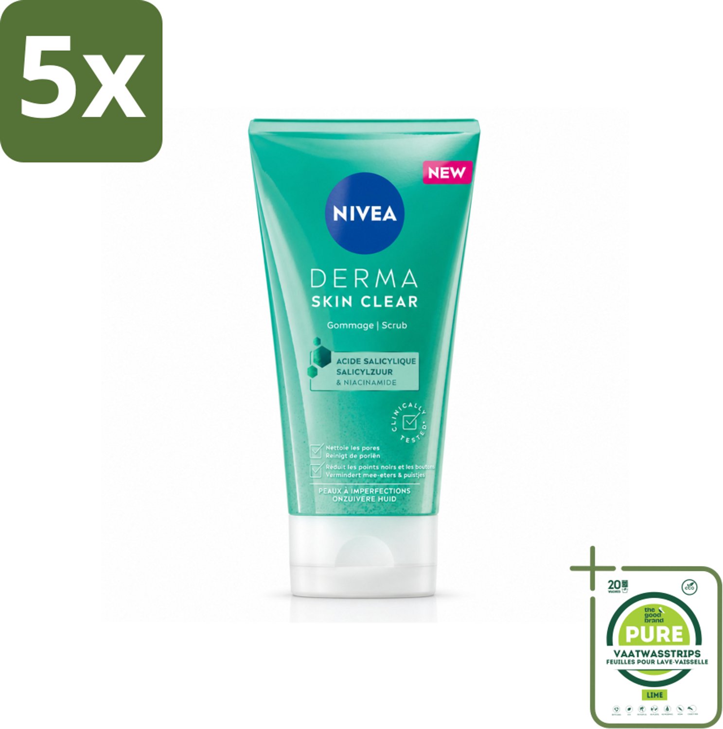 5 x NIVEA - Gezichtsscrub - DERMA Huidzuiver - Voor onzuivere huid - Met Salicylzuur (AHA) & Niacinamide - Tegen Acne & Mee-eters - 150 ml - Grootverpakking - Vaatwasstrips - Gezichtsverzorging - Puistjes - Mee-eters - Poriënreiniging - Acne