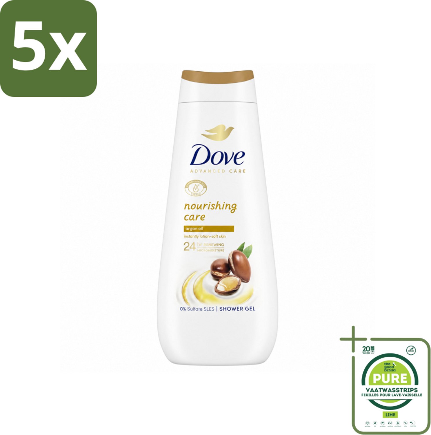 5 x Dove Douchecrème - Nourishing Care - Arganolie - 400 ml - Grootverpakking - Vaatwasstrips - Douchegel - Huid Verzorging - Arganolie - Hydratatie - Droge Huid