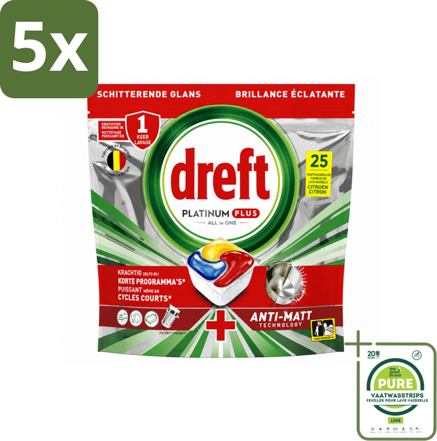 5 x Dreft - Vaatwastabletten - Platinum Plus All-in-One Citroen - Frisse geur - 25 Tabletten - Grootverpakking - Vaatwasstrips - Vaatwasmachine - Vaat Reinigen - Glans Herstellen - Anti-dofheid - Vaat Glans