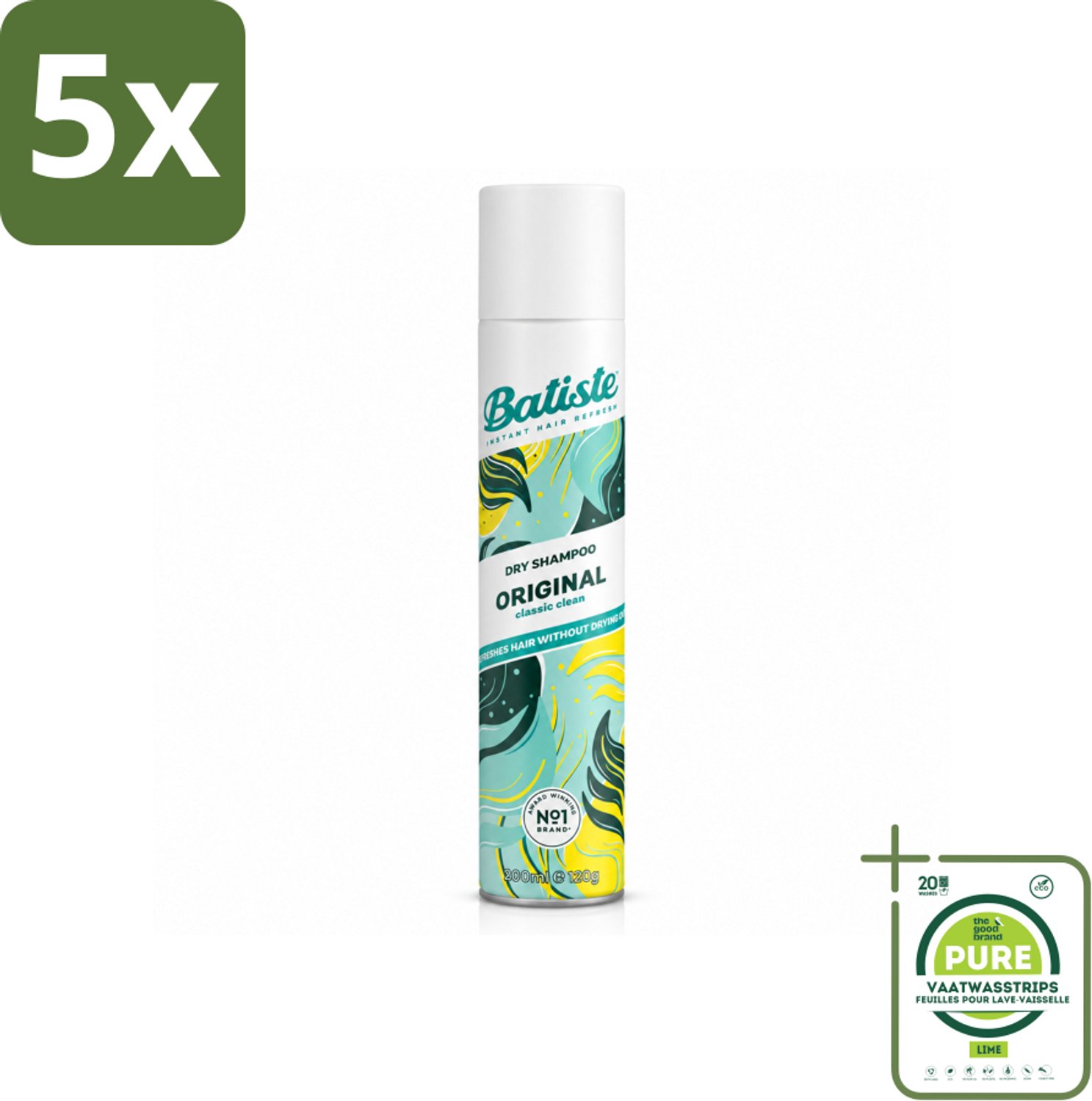5 x Batiste - Original - Droogshampoo - Klassieke Frisse Geur - Geeft Volume en Textuur - 200ml - Grootverpakking - Vaatwasstrips - Droogshampoo - Haarfris - Haarvolume - Haartype - Haartype