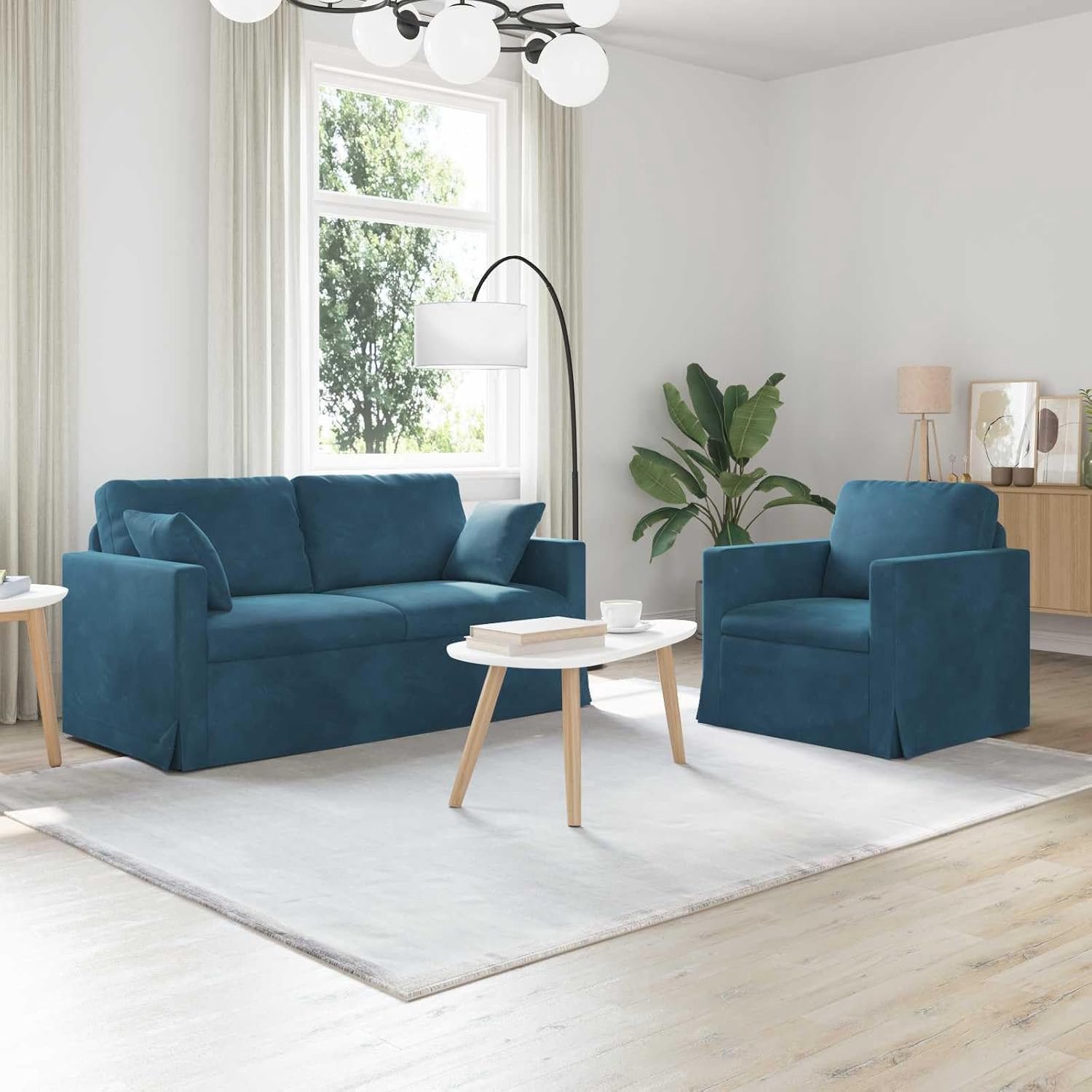 Bankset, 2 stuks, blauw, 158 x 78 x 80 cm, fluwelen woonlandschap met metalen frame voor moderne woonruimtes, comfortabele zitting en elegante esthetiek
